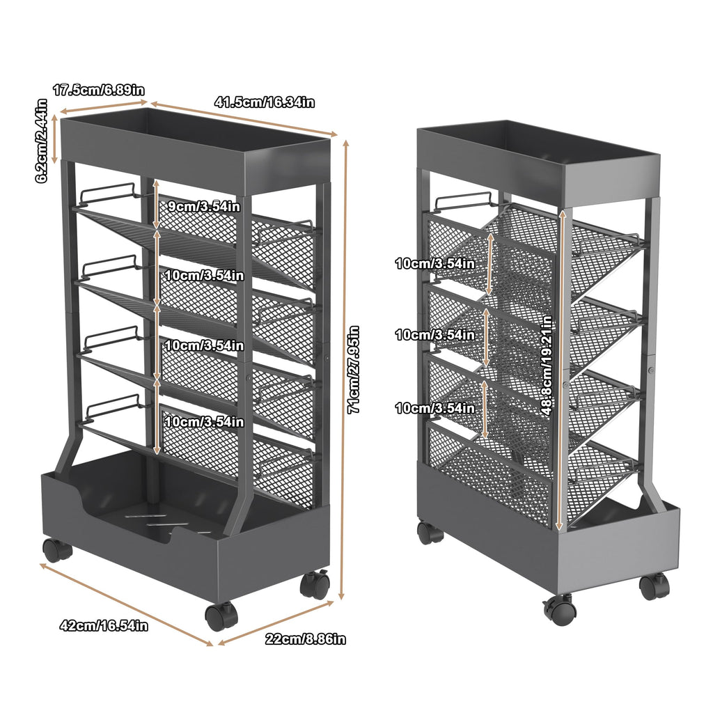 Ornestia Metal Book Trolley, Mobile Storage Bookcase with WheelsGrey