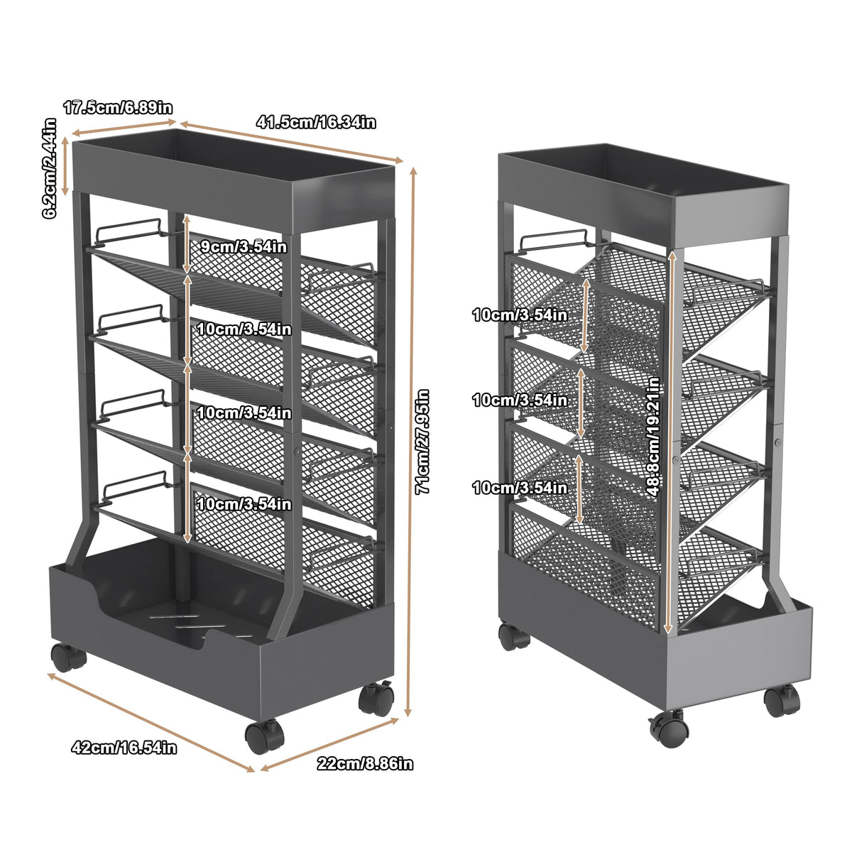 Ornestia Metal Book Trolley, Mobile Storage Bookcase with WheelsGrey