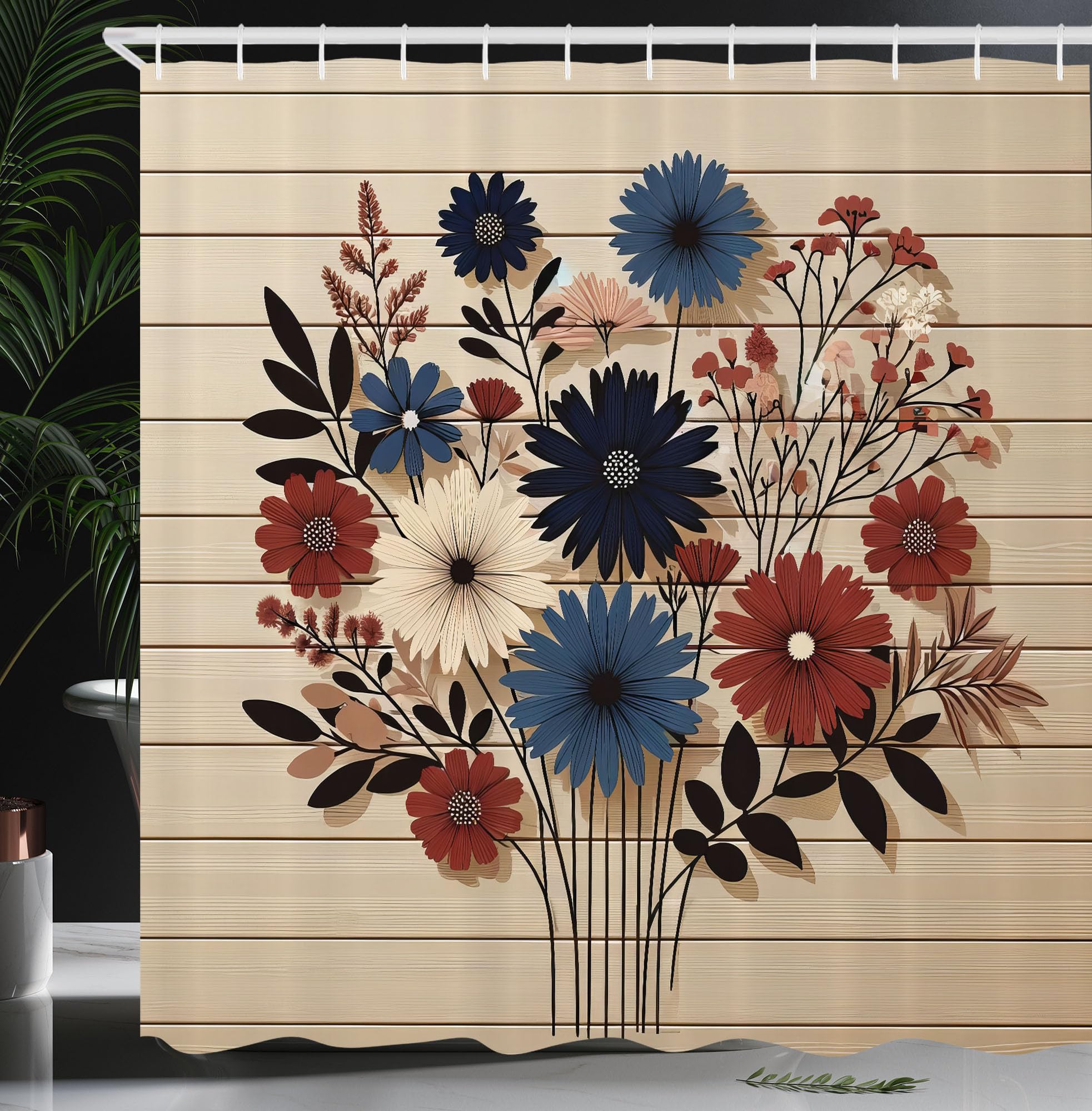 Abakuhaus Floral Shower Curtain – Waterproof Turkish Fabric, Midnight Blue