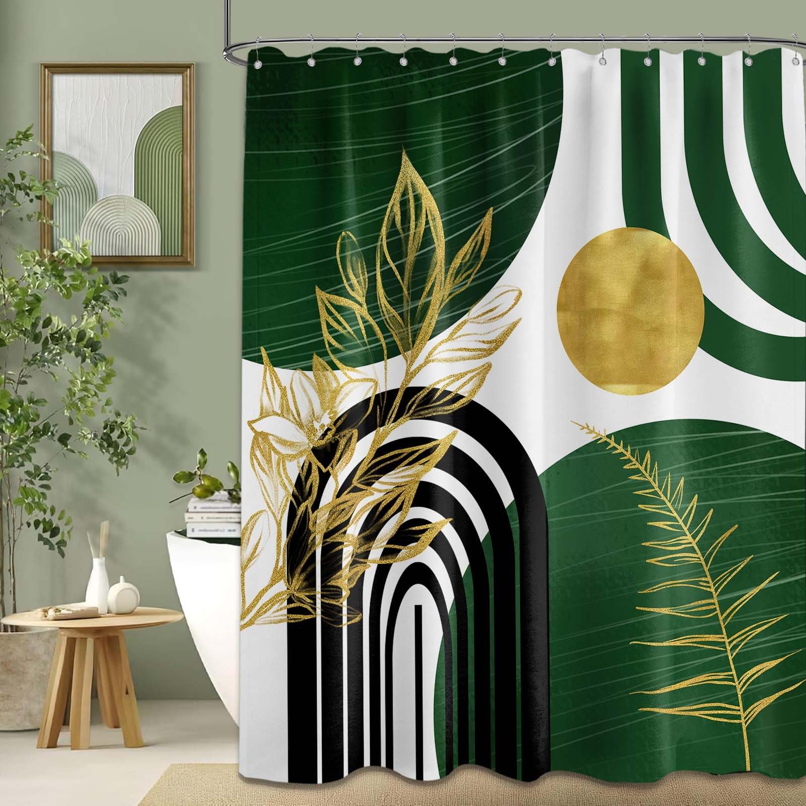 LanZanthic Boho Shower Curtain – Green and Gold Mid Century Modern Fabric