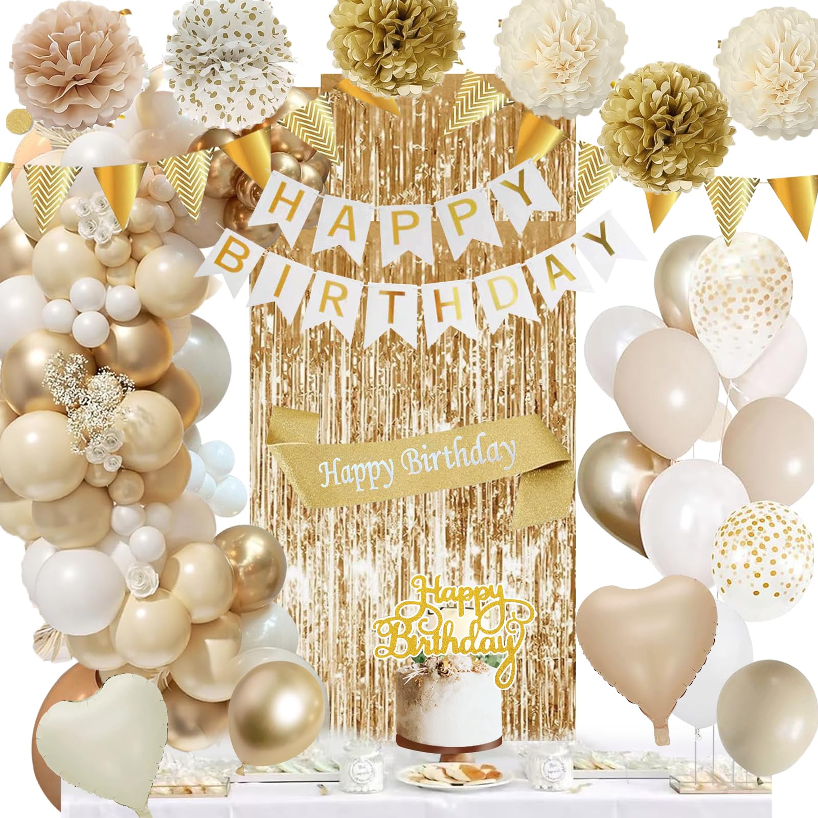 Jolof Store Birthday Decoration Set – Gold & Beige Party Kit with Banner