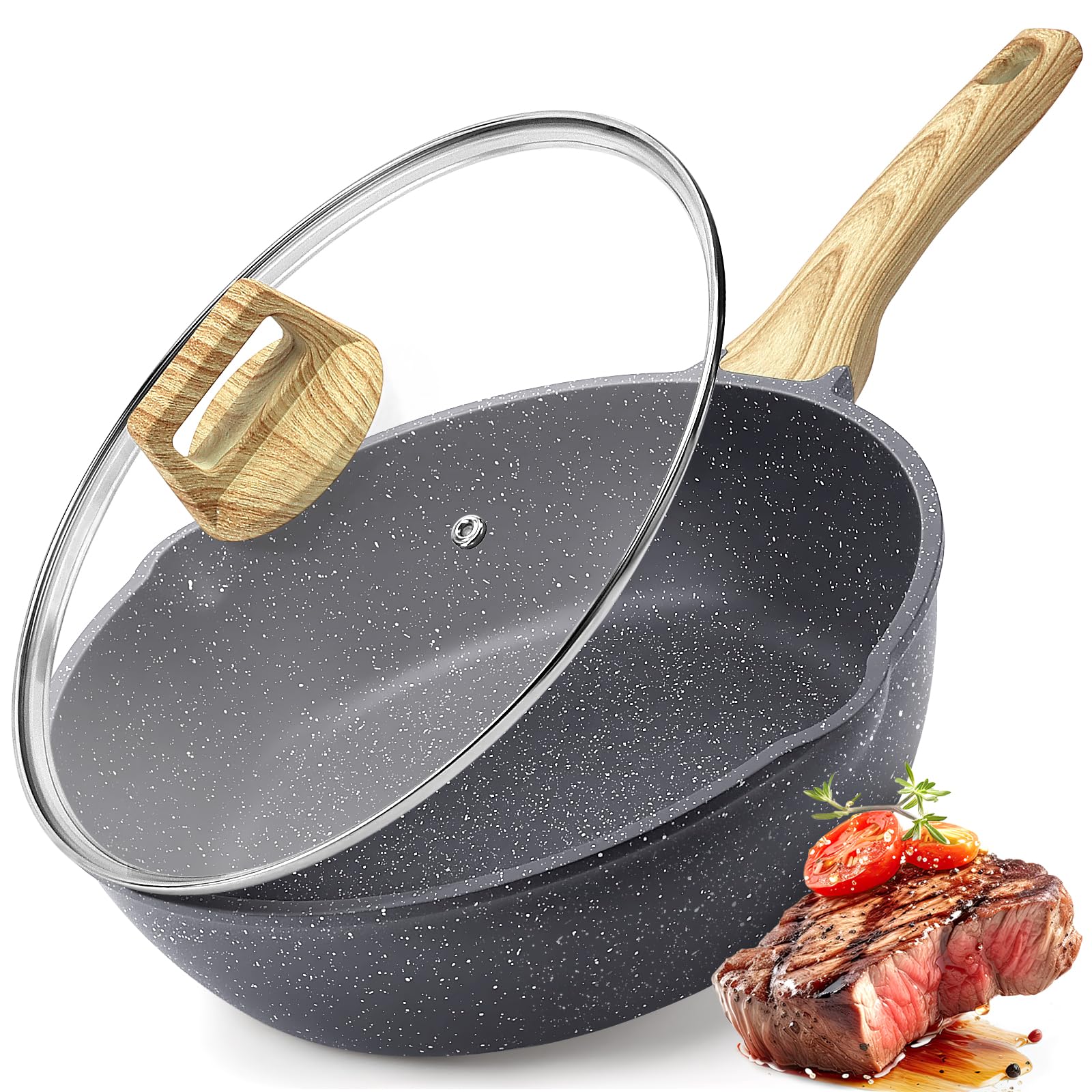 GiPP Nonstick Deep Frying Pan – 2.6L Grey Granite Saute Pan with Lid