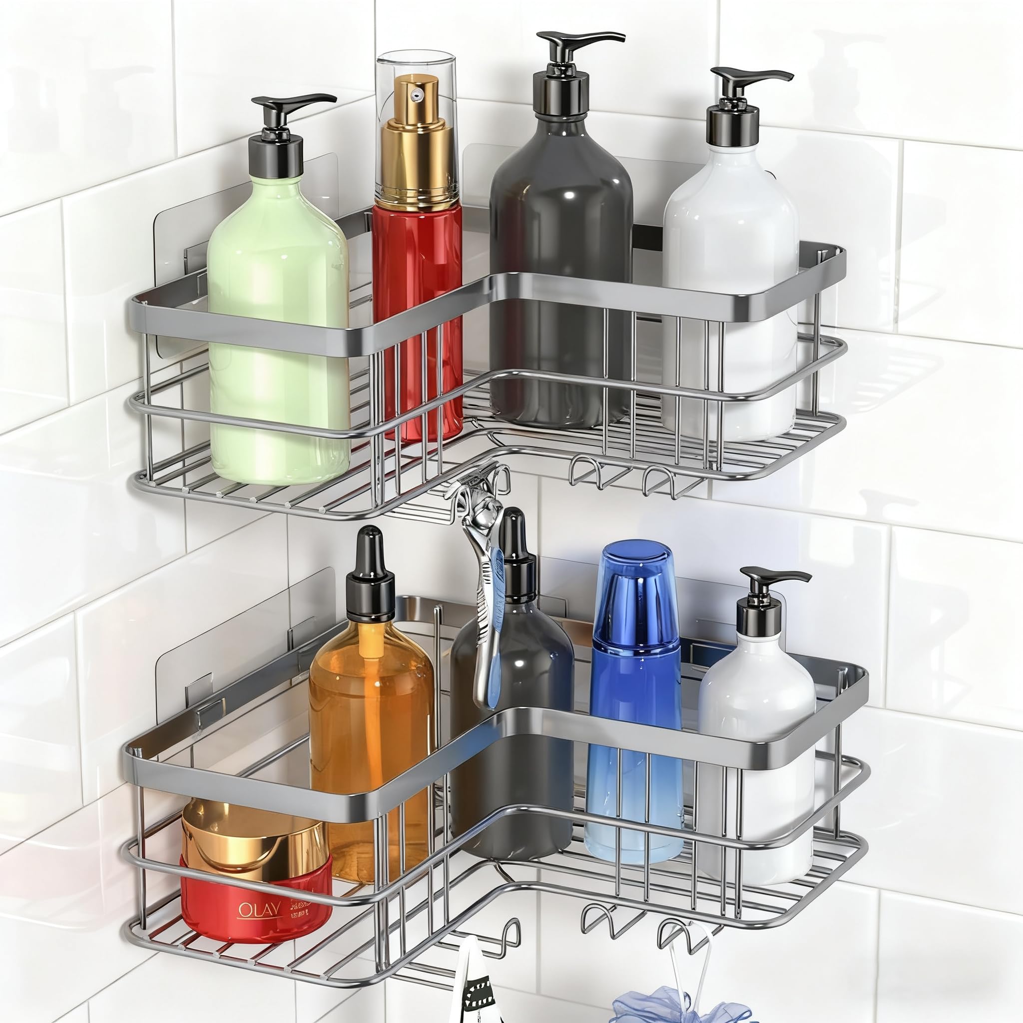 Yazoni Corner Shower Caddy | 2-Pack Stainless Steel Adhesive Organizer