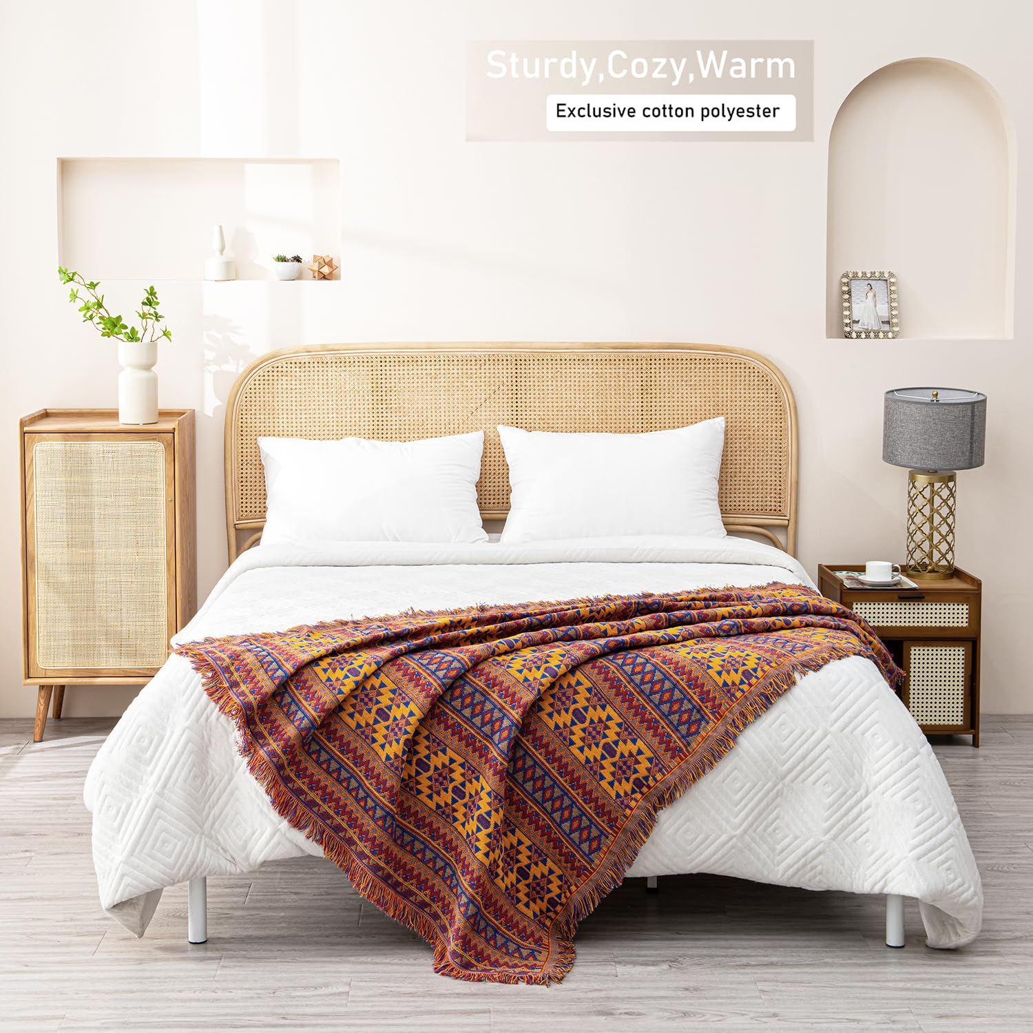 VANJOROY Bohemian Cotton Throw Blanket – Handwoven Knitted Sofa Cover