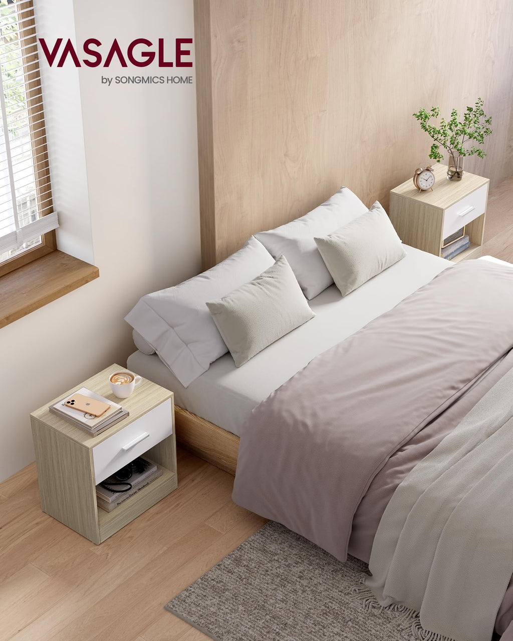 VASAGLE Bamboo Bedside Tables, Set of 2 – Modern Nightstands with Drawers