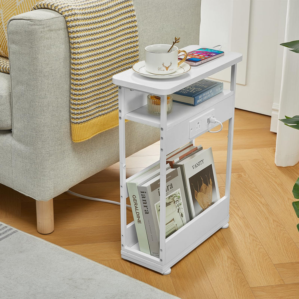 YEAKOO Narrow Side Table with Charging Station | 3-Tier Slim Nightstand