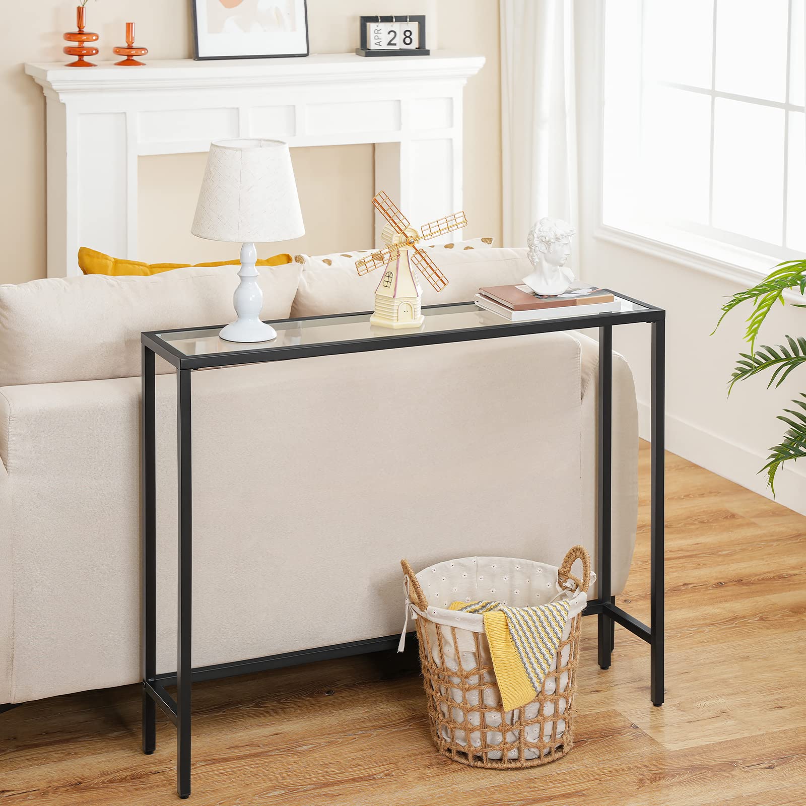 HOOBRO Modern Glass Console Table – Slim Metal Sofa Table, Black