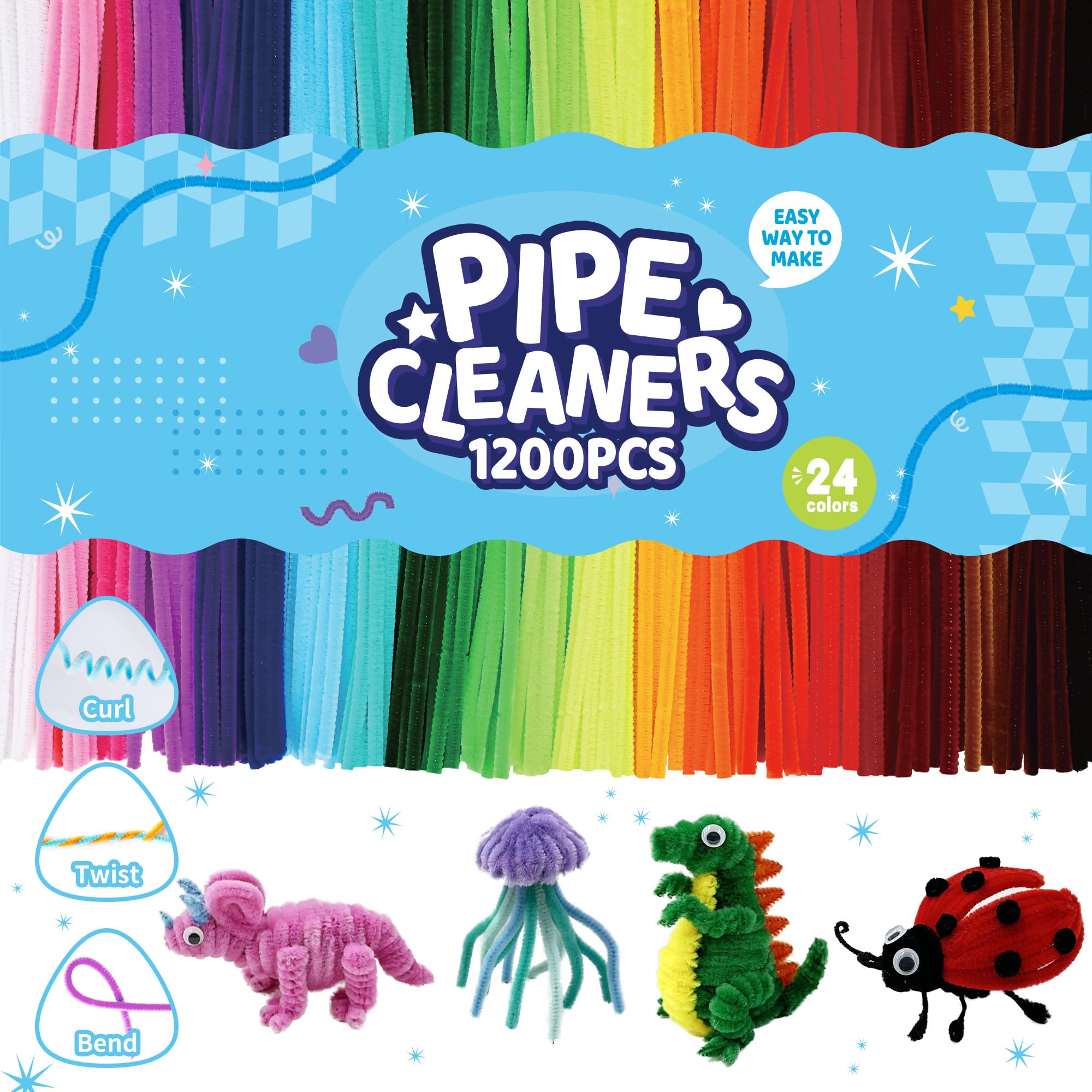 Jolof Store 1200 Pcs Pipe Cleaners – 24 Colors Thick Fuzzy Chenille Stems