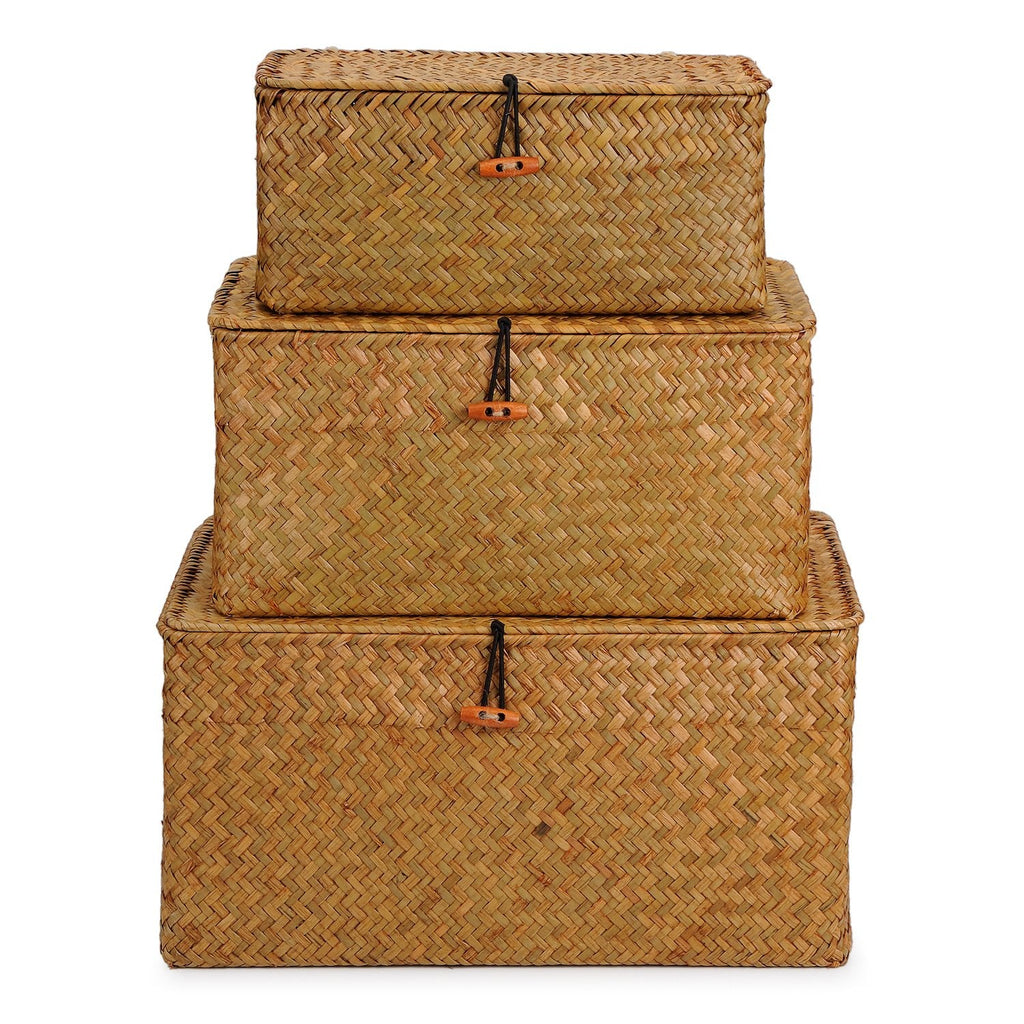 Seagrass Storage Baskets with Lid – Woven Rattan Set of 3