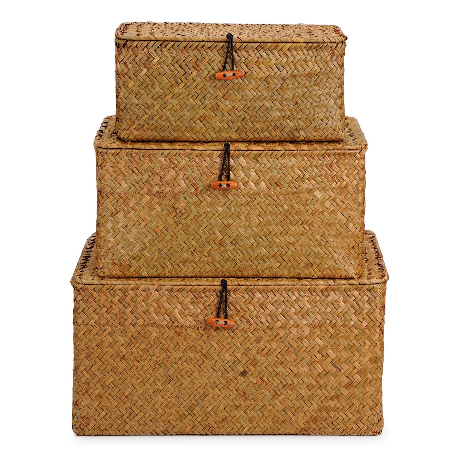 Seagrass Storage Baskets with Lid – Woven Rattan Set of 3
