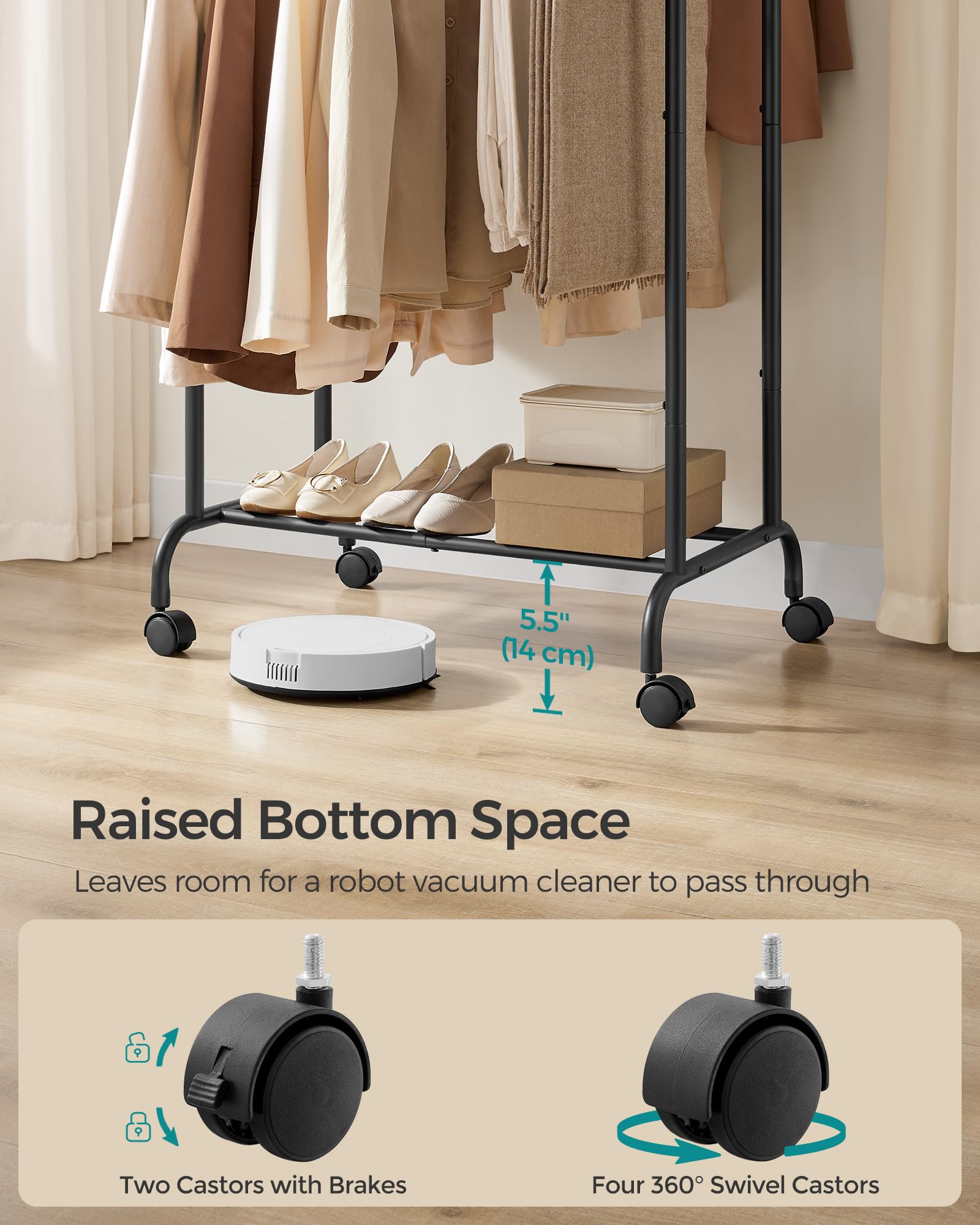 SONGMICS Double Clothes Rail – Extendable Heavy-Duty Metal Rack, Ink