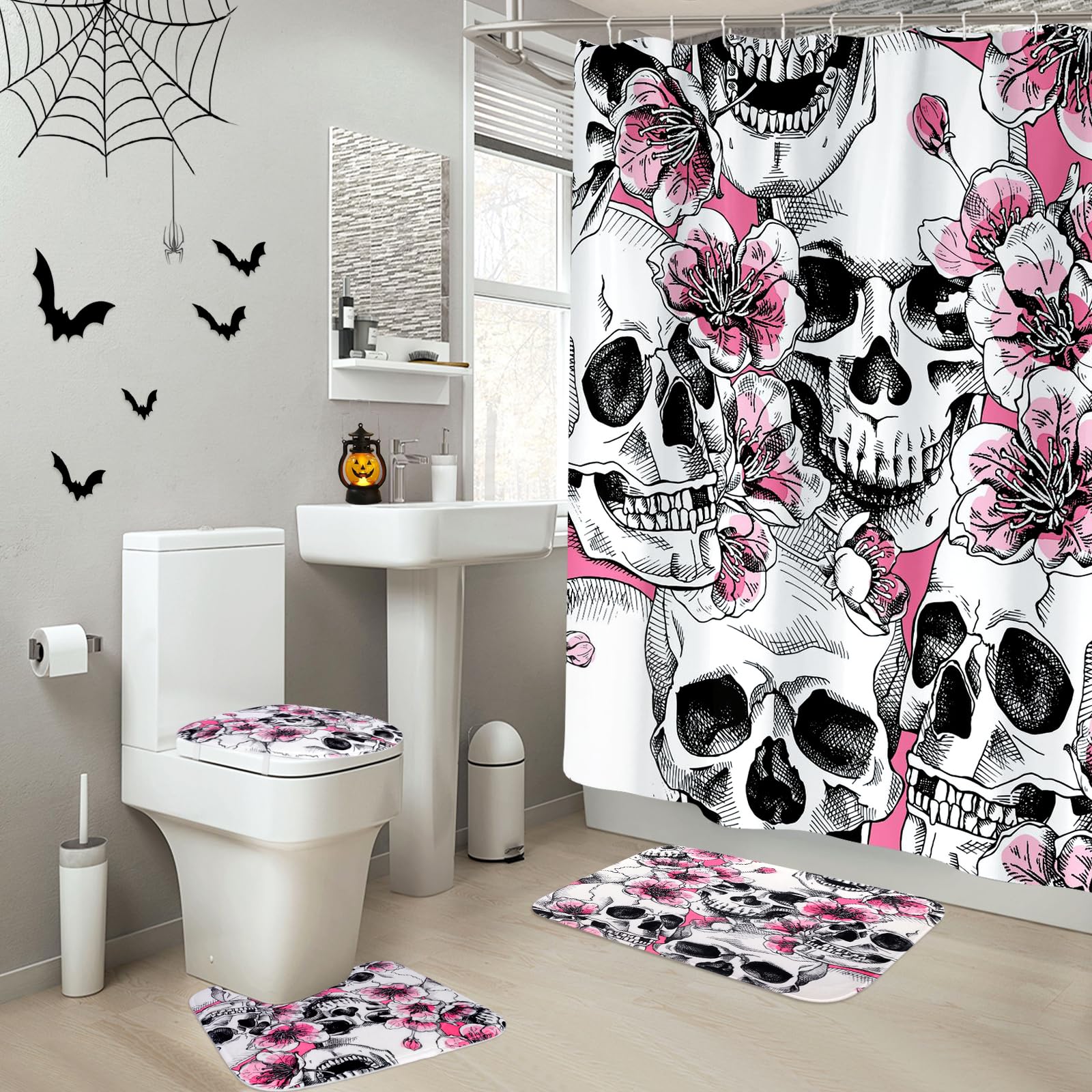 Jolof Store Halloween Skull Shower Curtain & 4-Piece Bathroom Mat Set