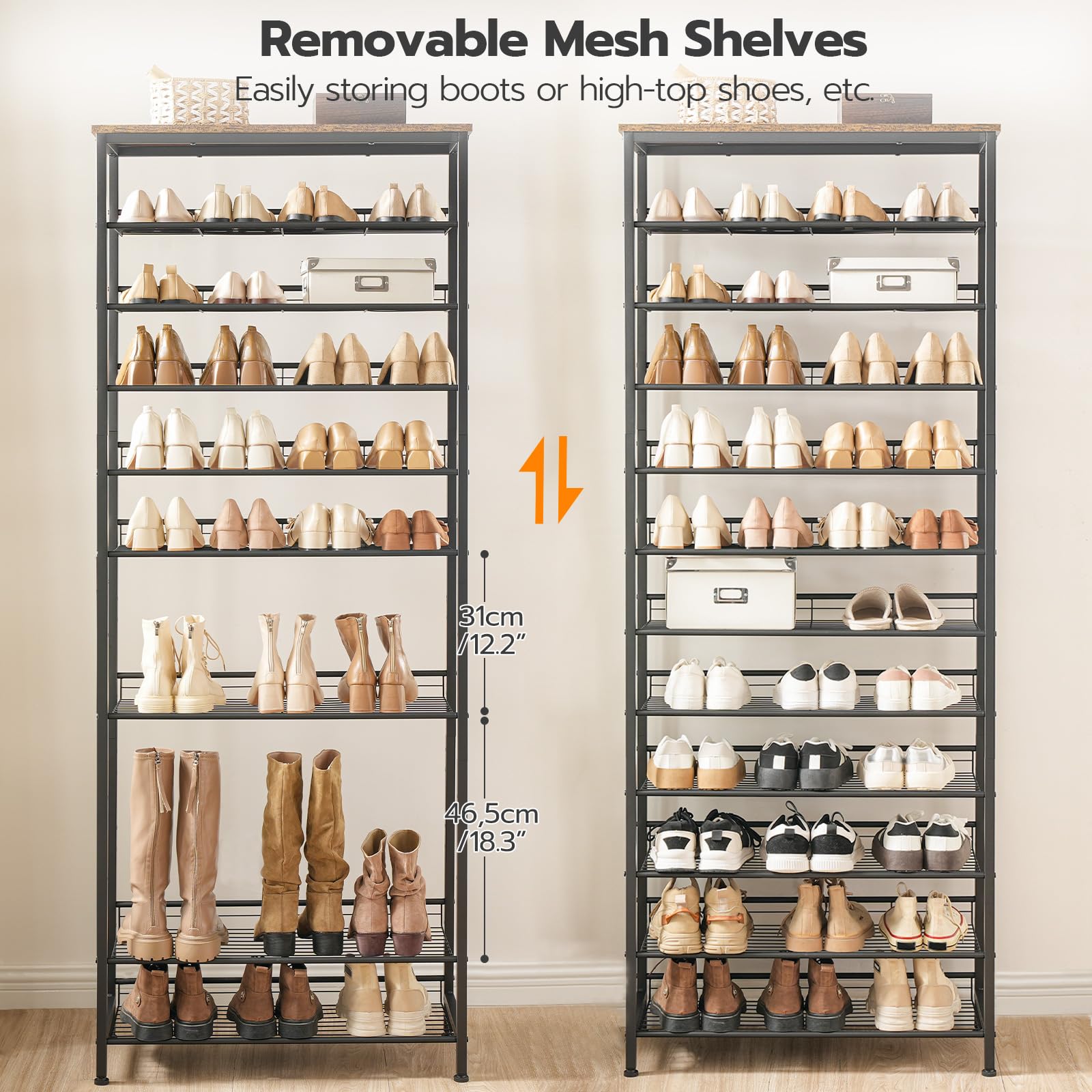 HOOBRO 12-Tier Tall Shoe Rack – Large Metal Storage Organizer, Rustic Brown