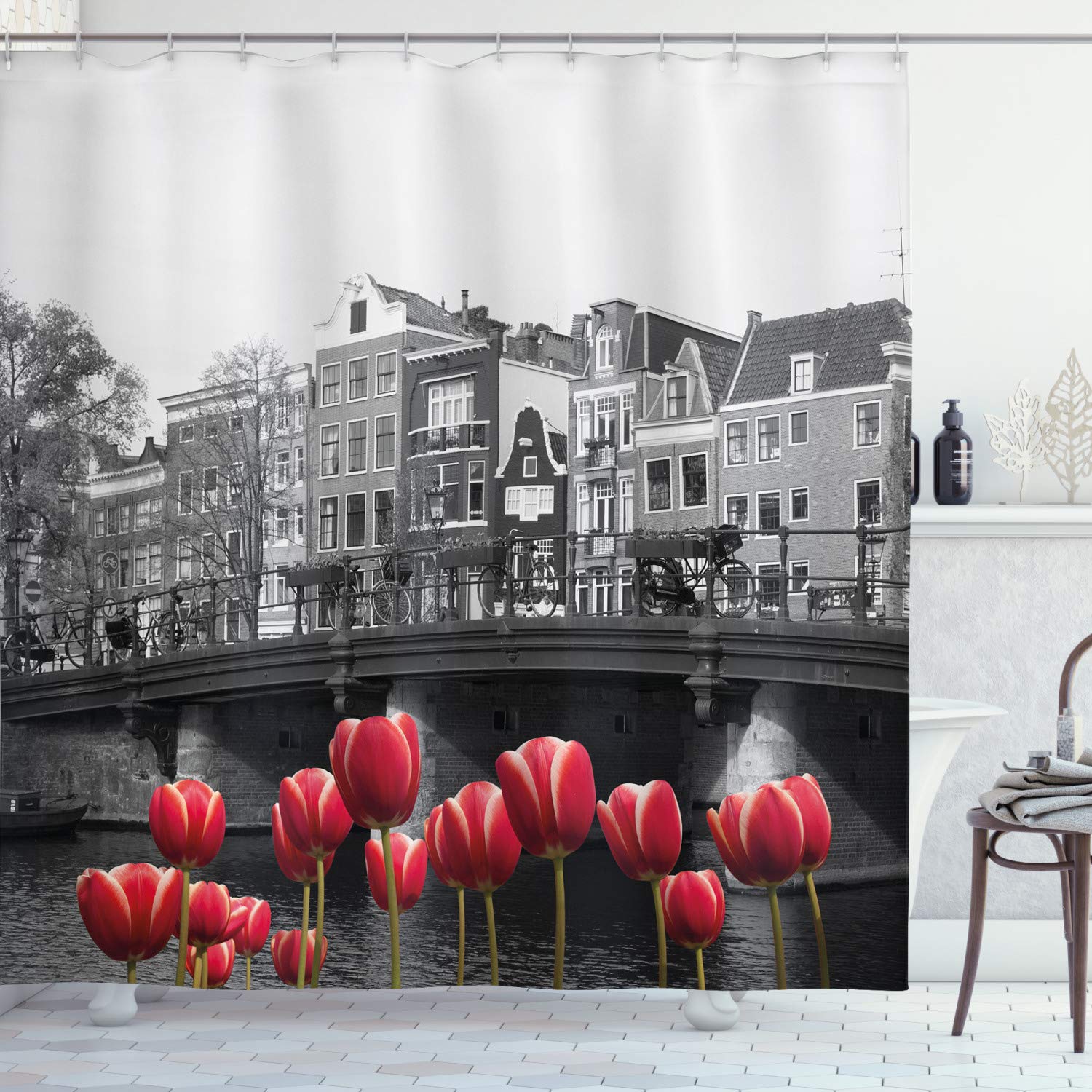 ABAKUHAUS Amsterdam Canal Shower Curtain | Waterproof Fabric Decor