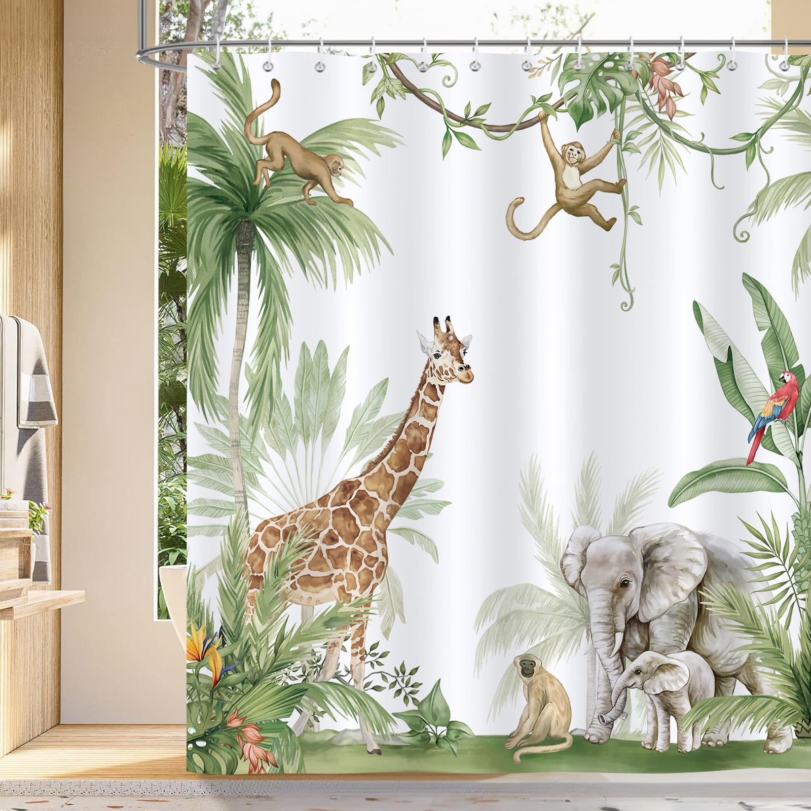 Bonhause Tropical Jungle Animal Shower Curtain | Waterproof Polyester 180x180cm