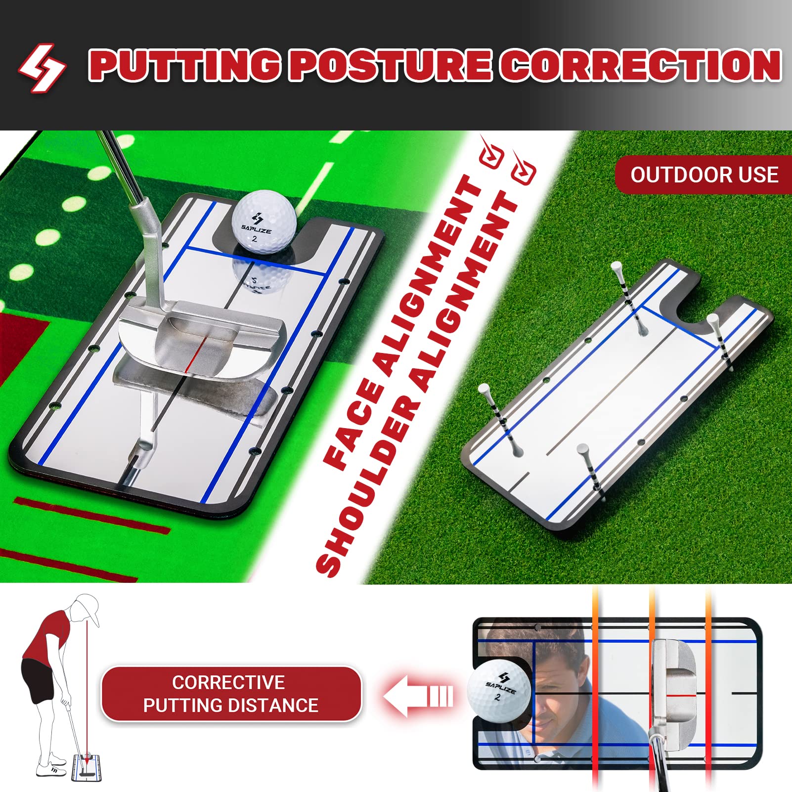 SAPLIZE Golf Putting Mat with Trajectory Tracing and Alignment Mirror