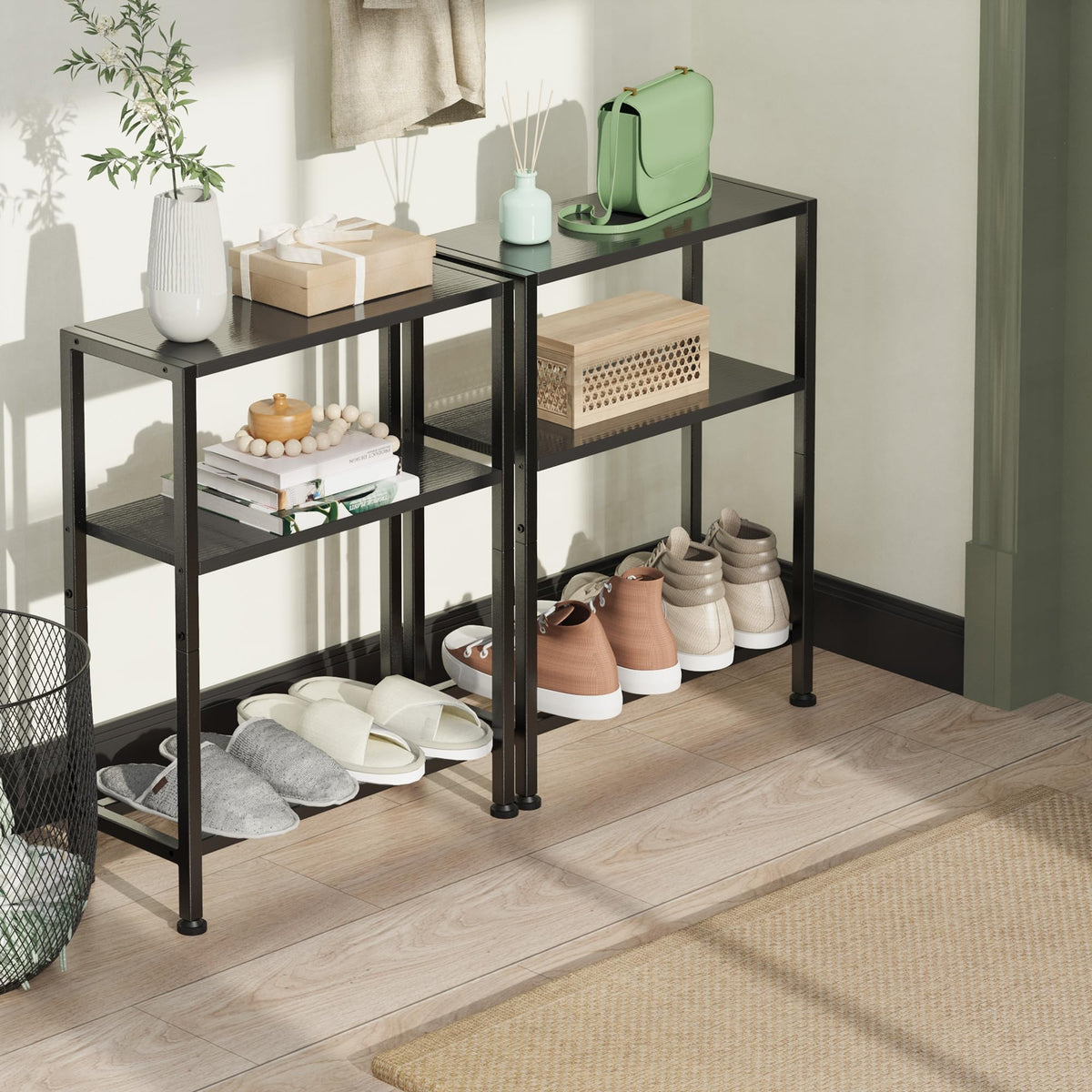 Vantimo Narrow Side Table, 3-Tier Small Shelving Unit, Slim Bedside Table for Small Space, Living Room, Bedroom, Sofa, Couch Black