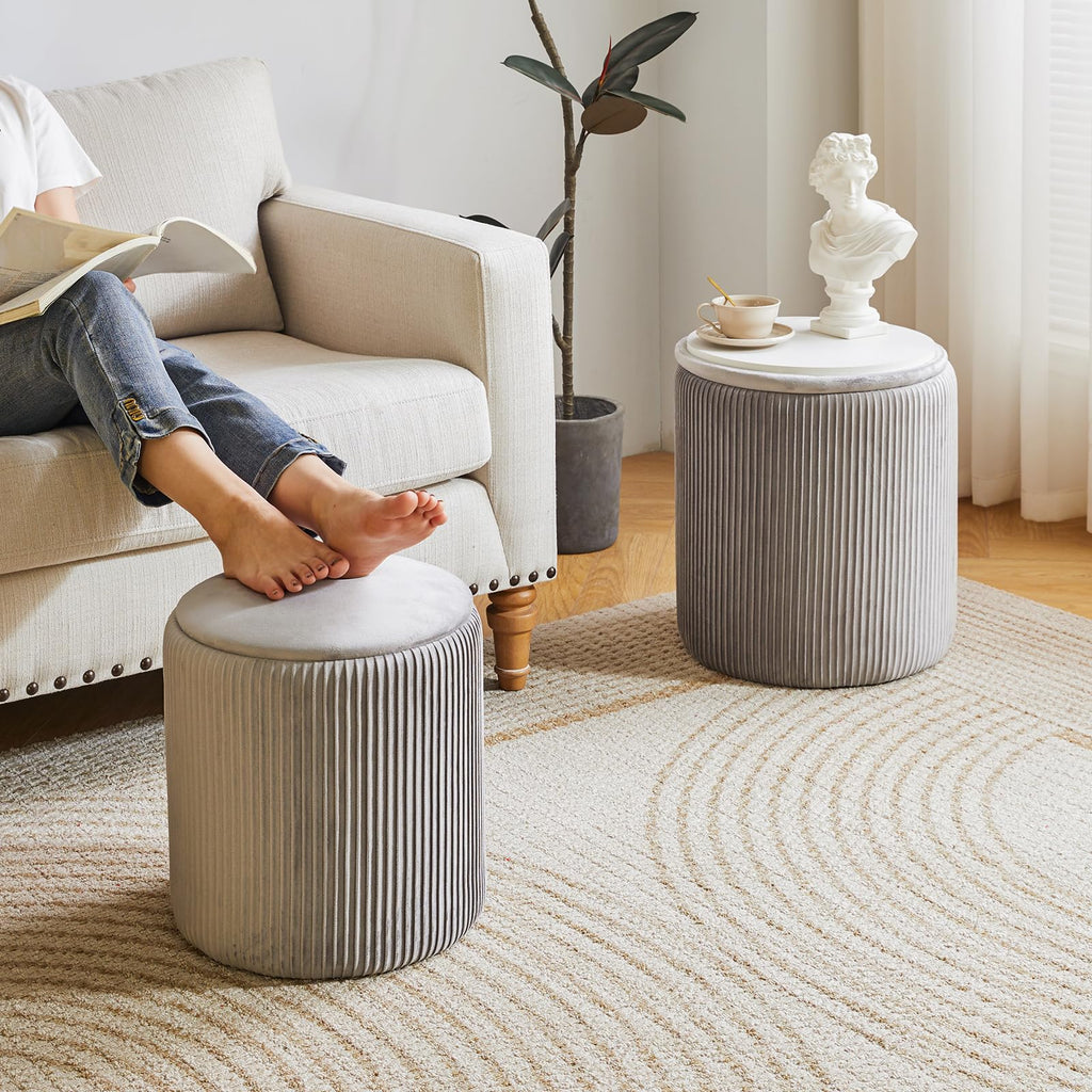 IBUYKE Set of 2 Round Storage Ottoman | Velvet Vanity Stool - Gray