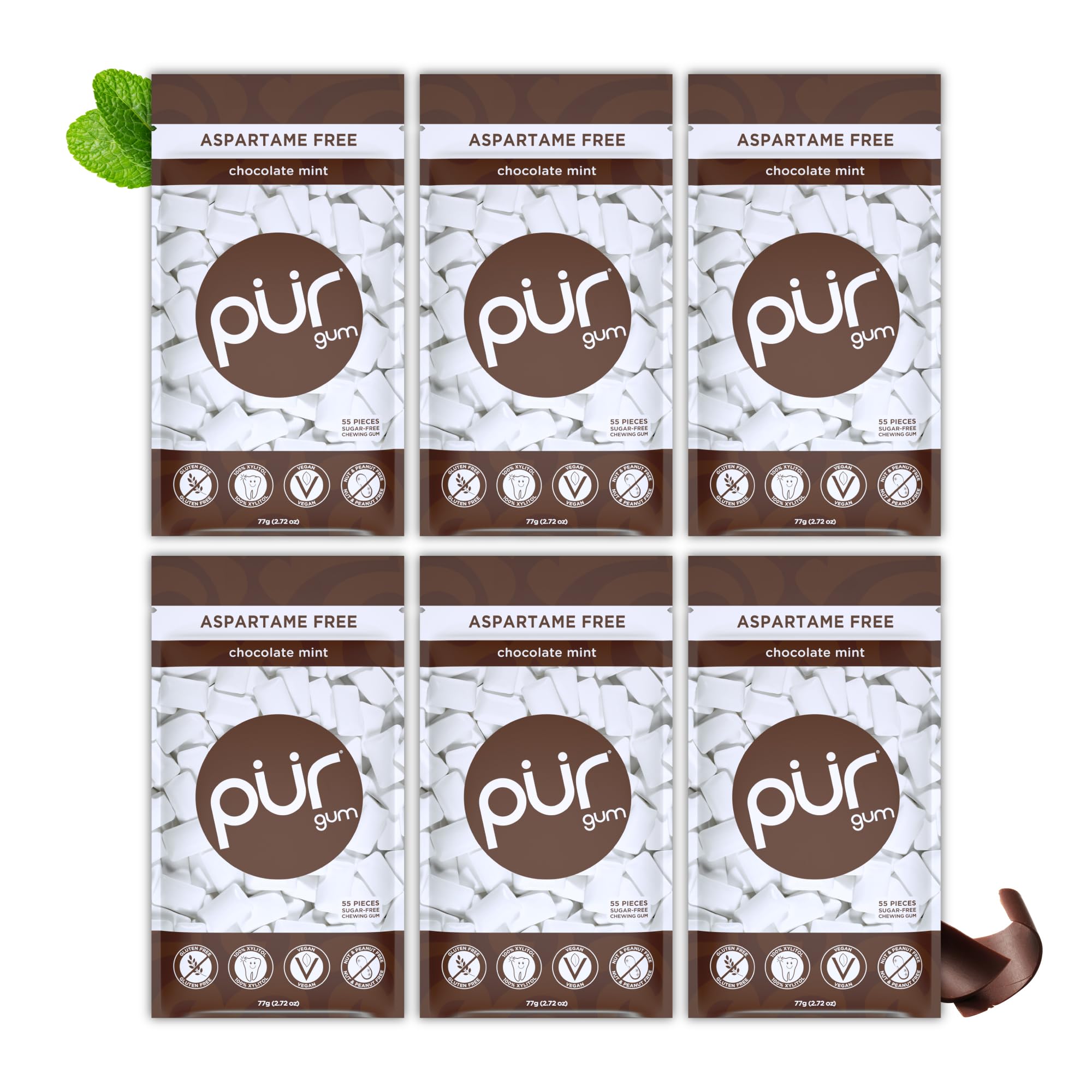 PUR Sugar Free Xylitol Chewing Gum | Chocolate Mint | Vegan & Keto, 55ct