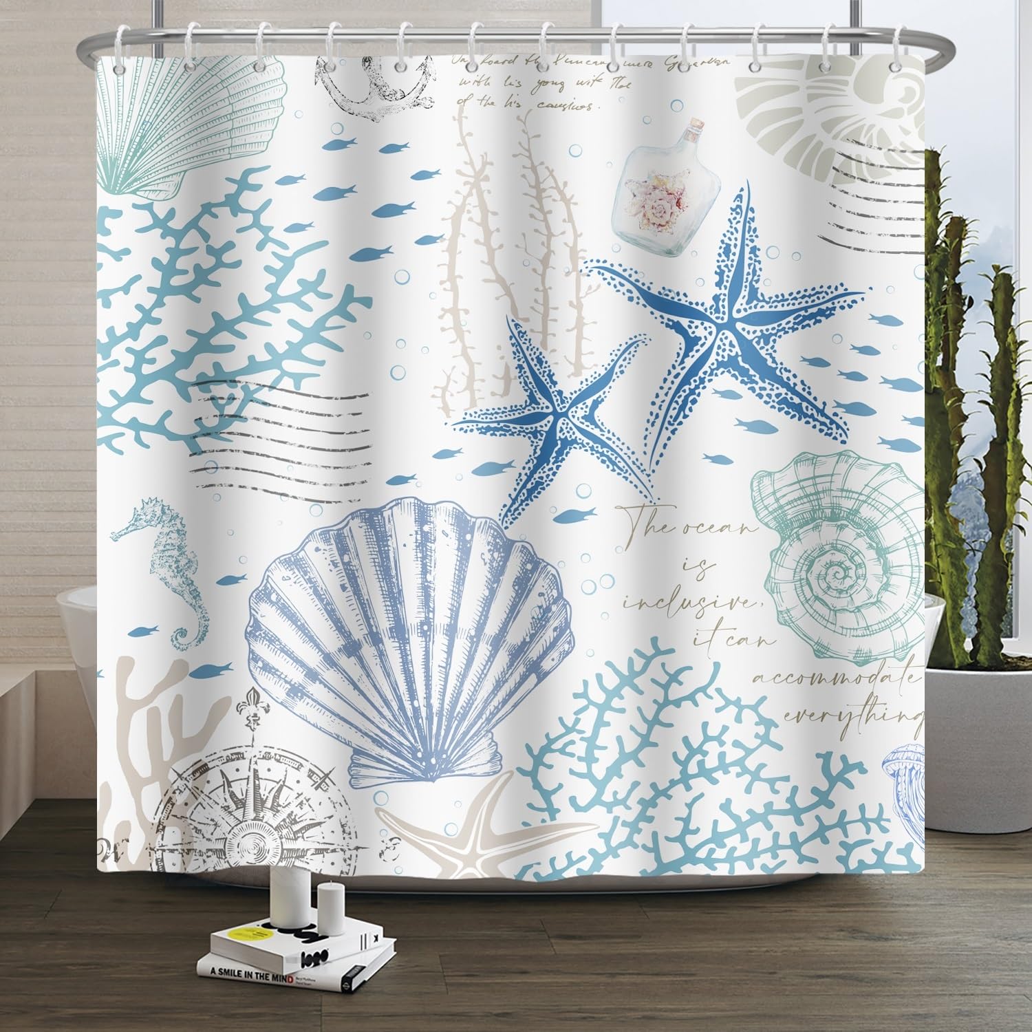 Marine Life Shower Curtain – White Nautical Polyester Decor