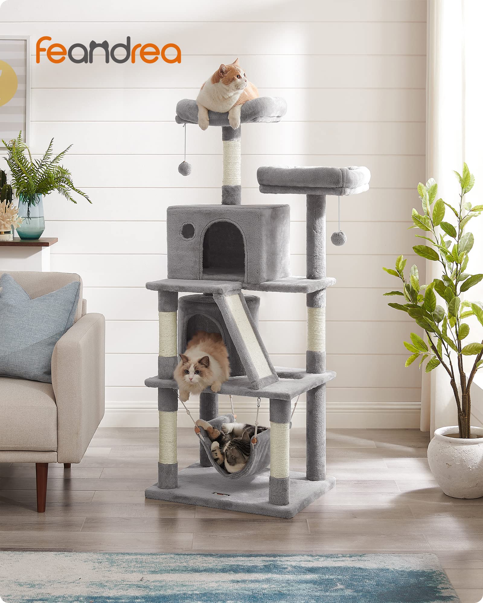 FEANDREA 155cm Cat Tree Tower with 2 Caves & Scratching Board - Light Grey