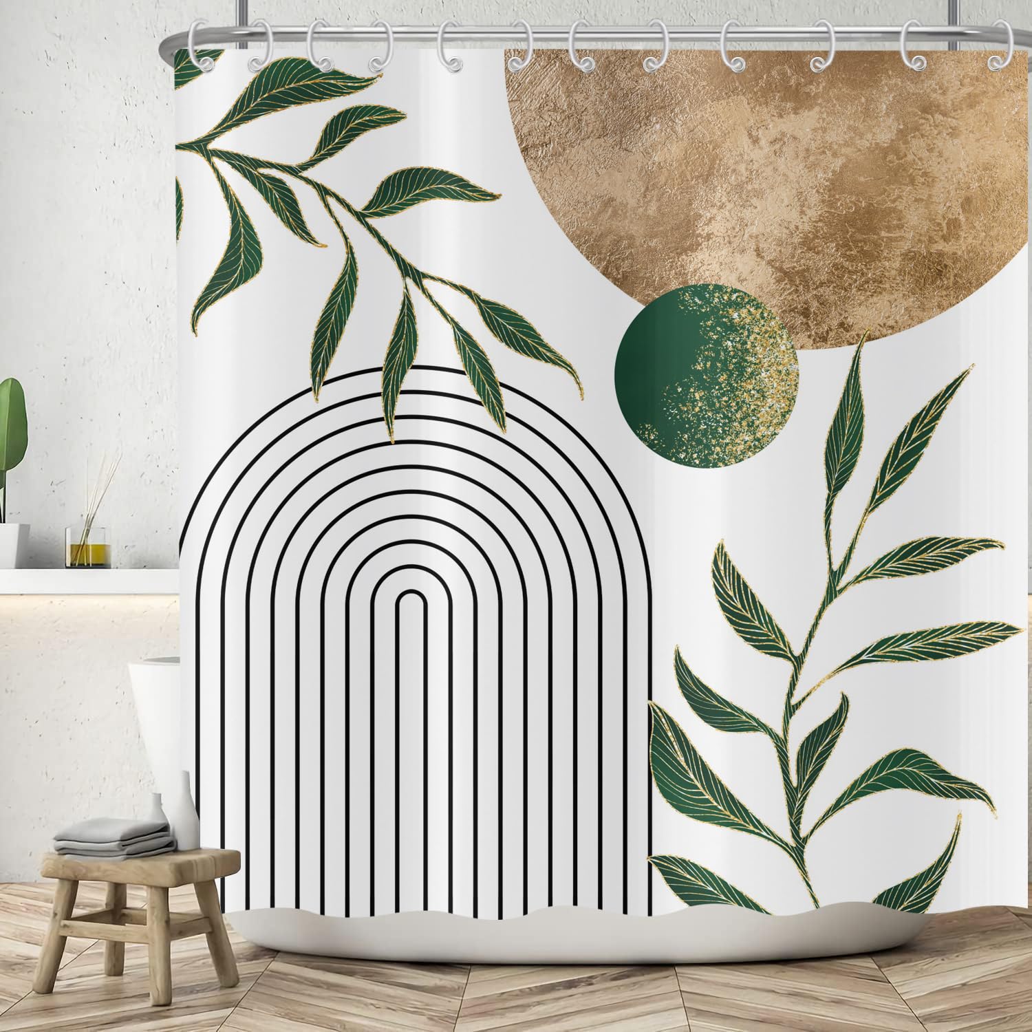 Jolof Store Boho Shower Curtain – Modern Abstract Sun & Leaves, 180x200 cm
