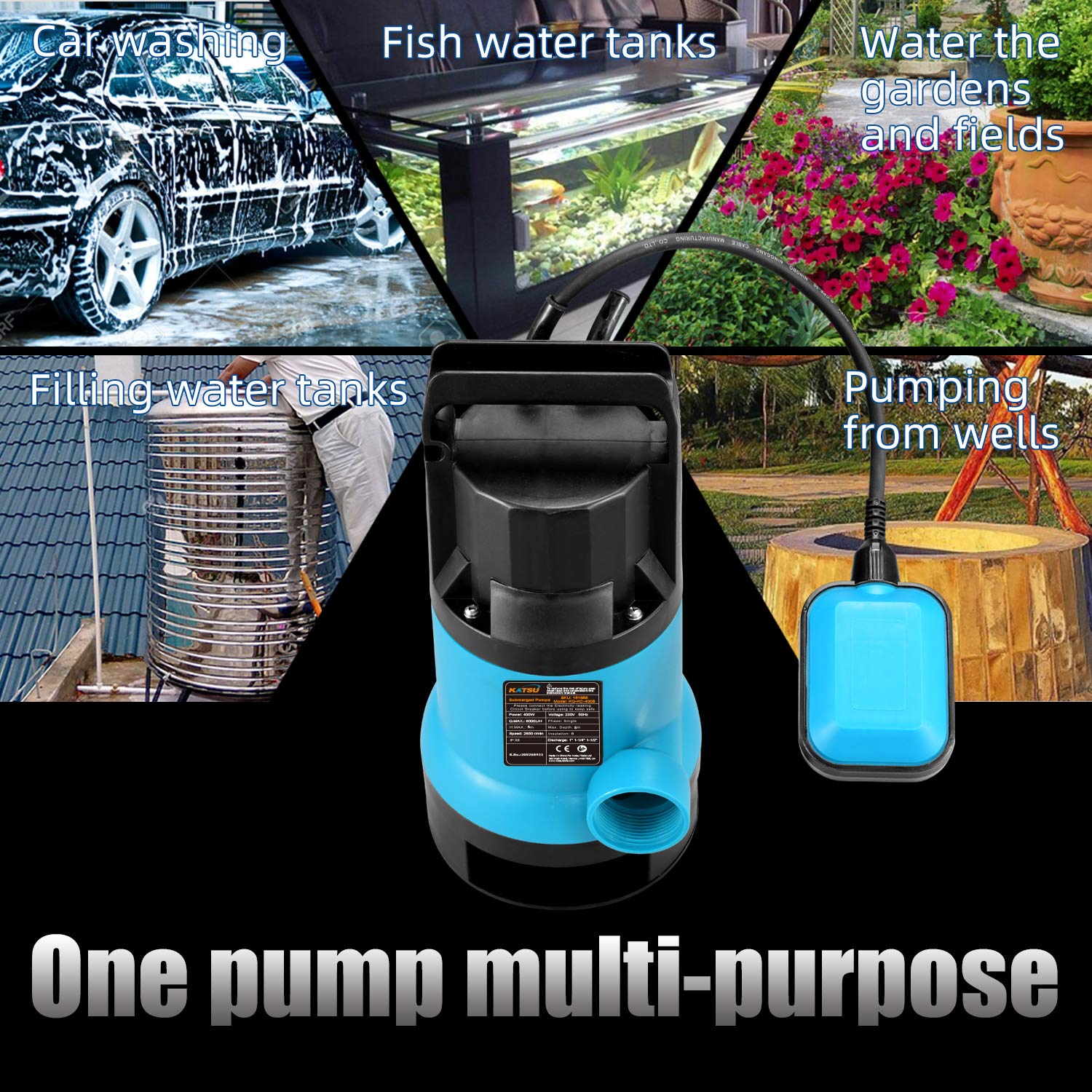 KATSU 400W Submersible Water Pump - 8000L/h with 10m Hose & Float Switch