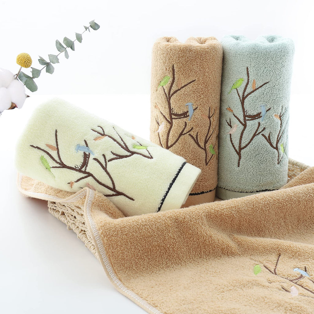 Pidada Hand Towels Set of 4 Embroidered Bird Tree Pattern 100% Cotton Absorbent Soft Decorative Towel for Bathroom 35 x 75 cm Brown - image 3
