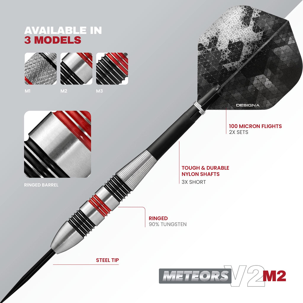 Designa Meteors 90 V2 Steel Tip Darts - 90% Tungsten Ringed - 36g