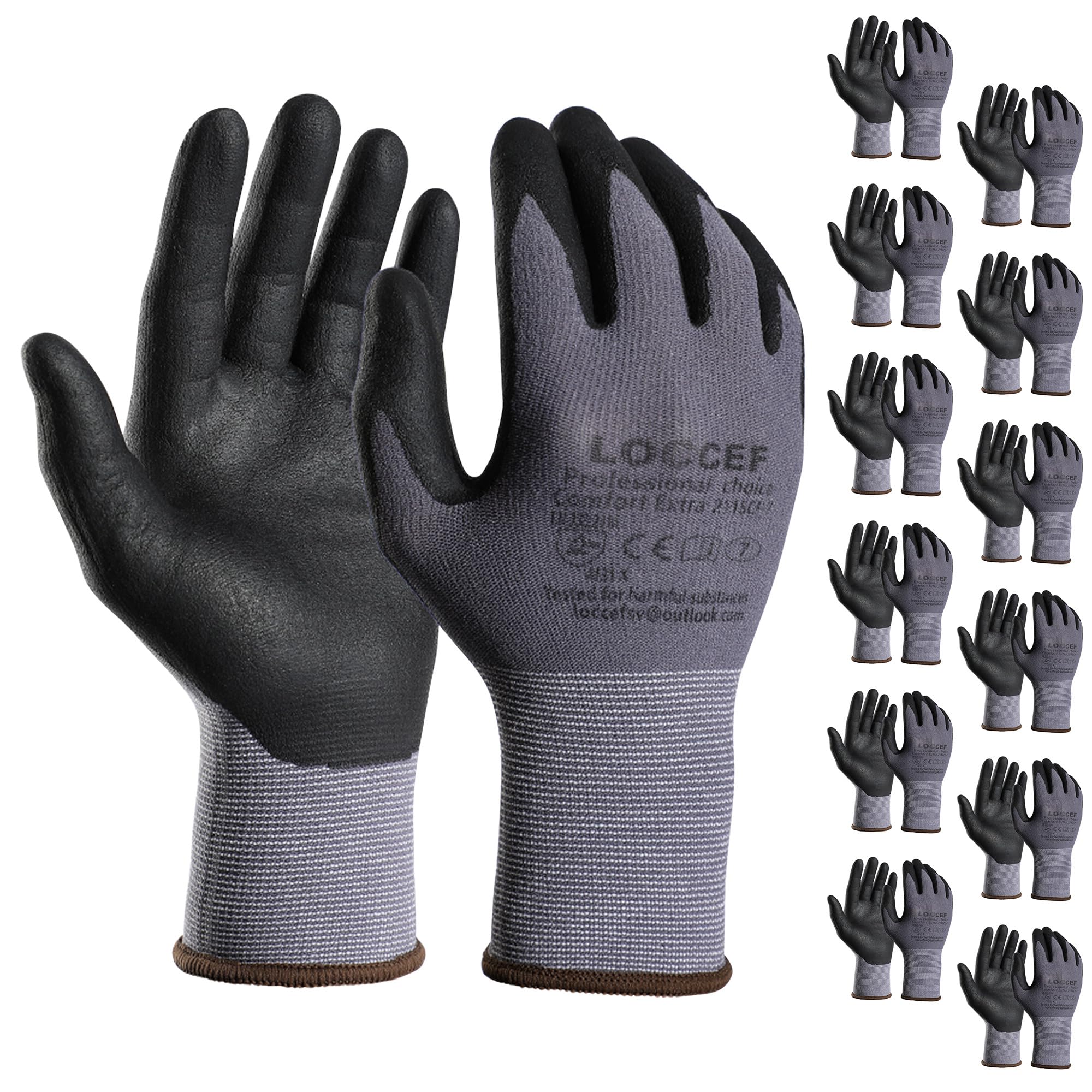 LOCCEF MicroFoam Nitrile Coated Safety Work Gloves – Grey Nylon, 12 Pairs