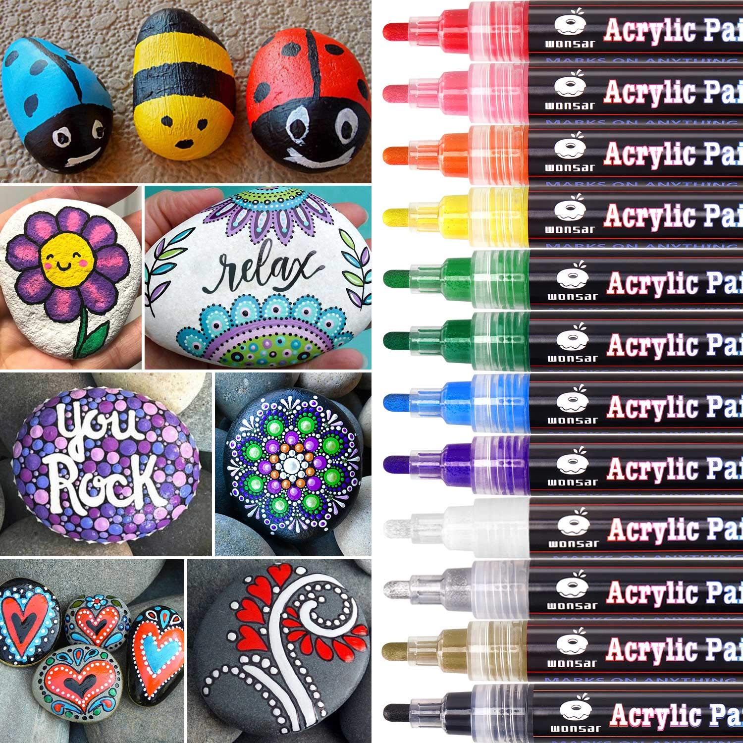 Wonsar Acrylic Paint Pens for Rock Painting - 12 Colors Reversible Tip