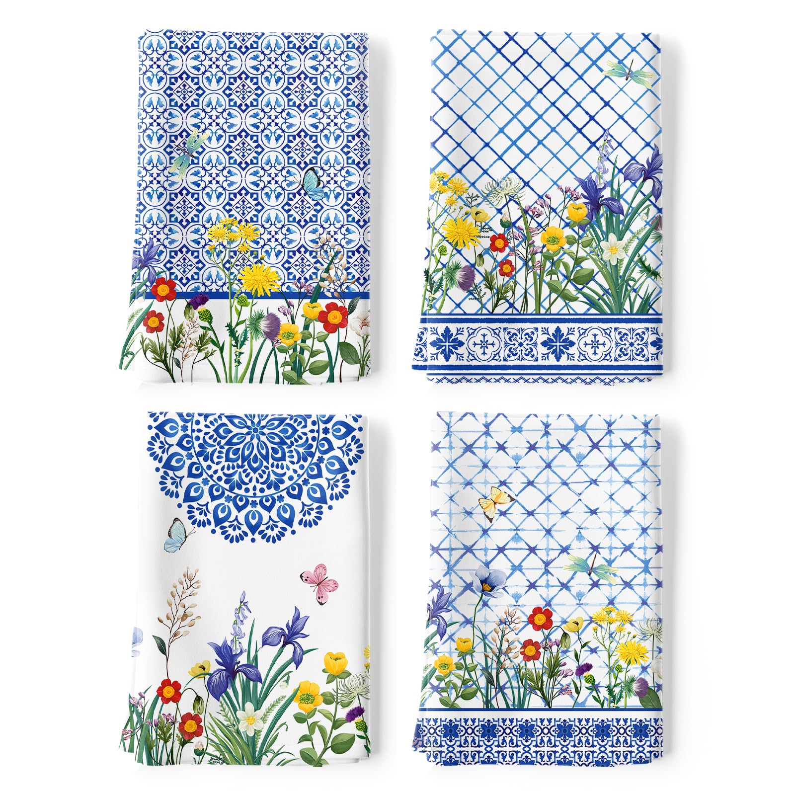 Arquiel Retro Wildflower Kitchen Towels | 100% Cotton Dishcloths | Set of 4
