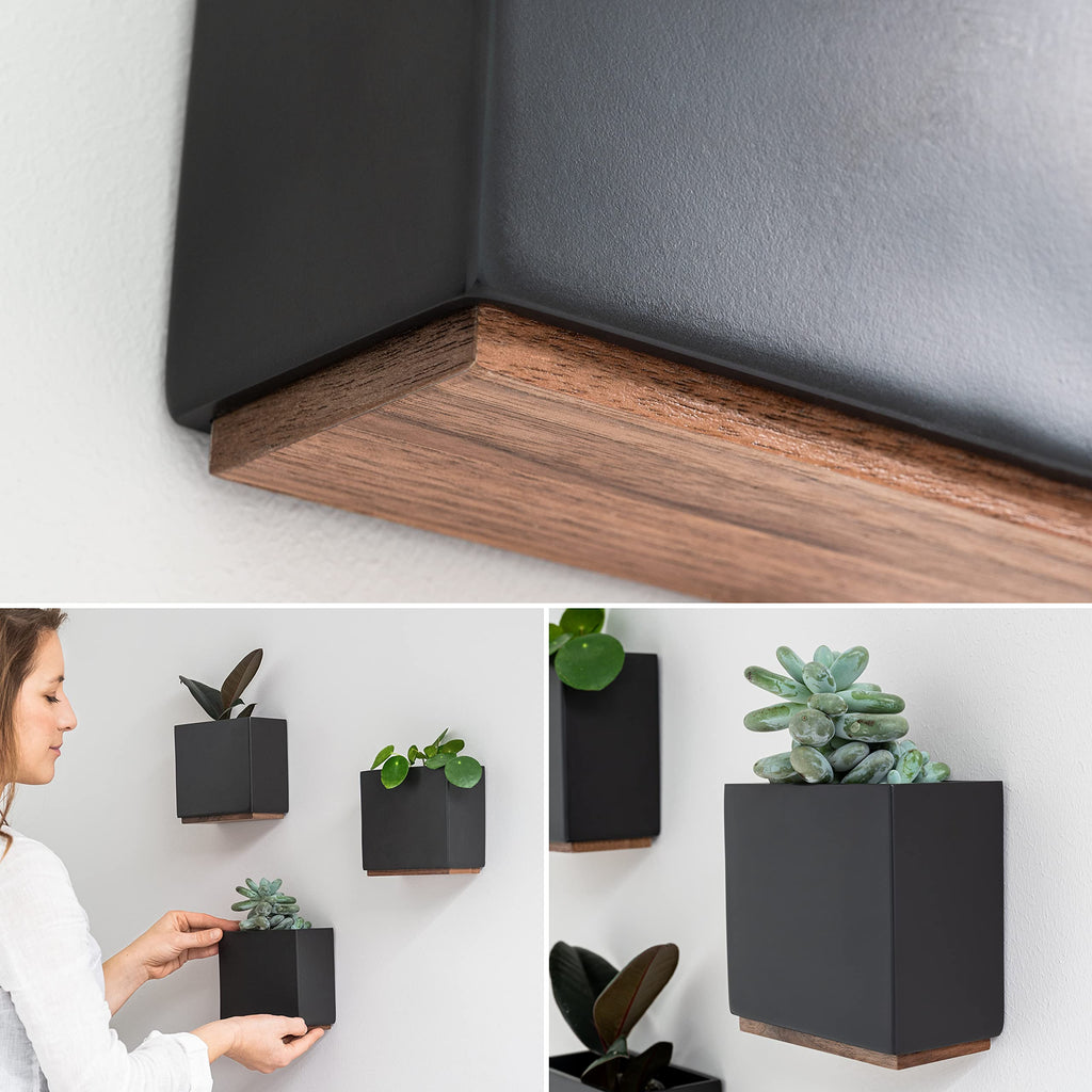 Kazai Alma Wall Planters | Set of 3 Resin & Wood Hanging Indoor Pots