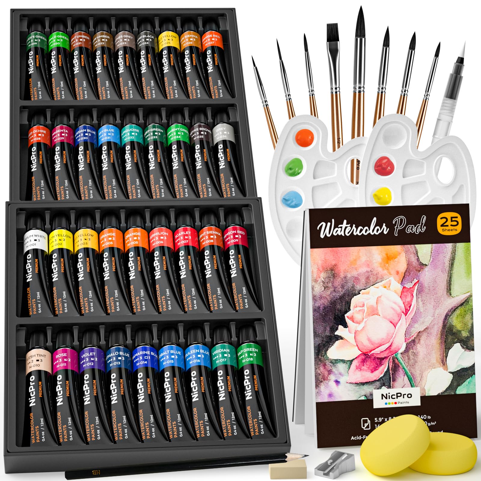 Nicpro 78PCS Watercolour Paint Set - 36 Tubes, 8 Brushes & Paper for Artists