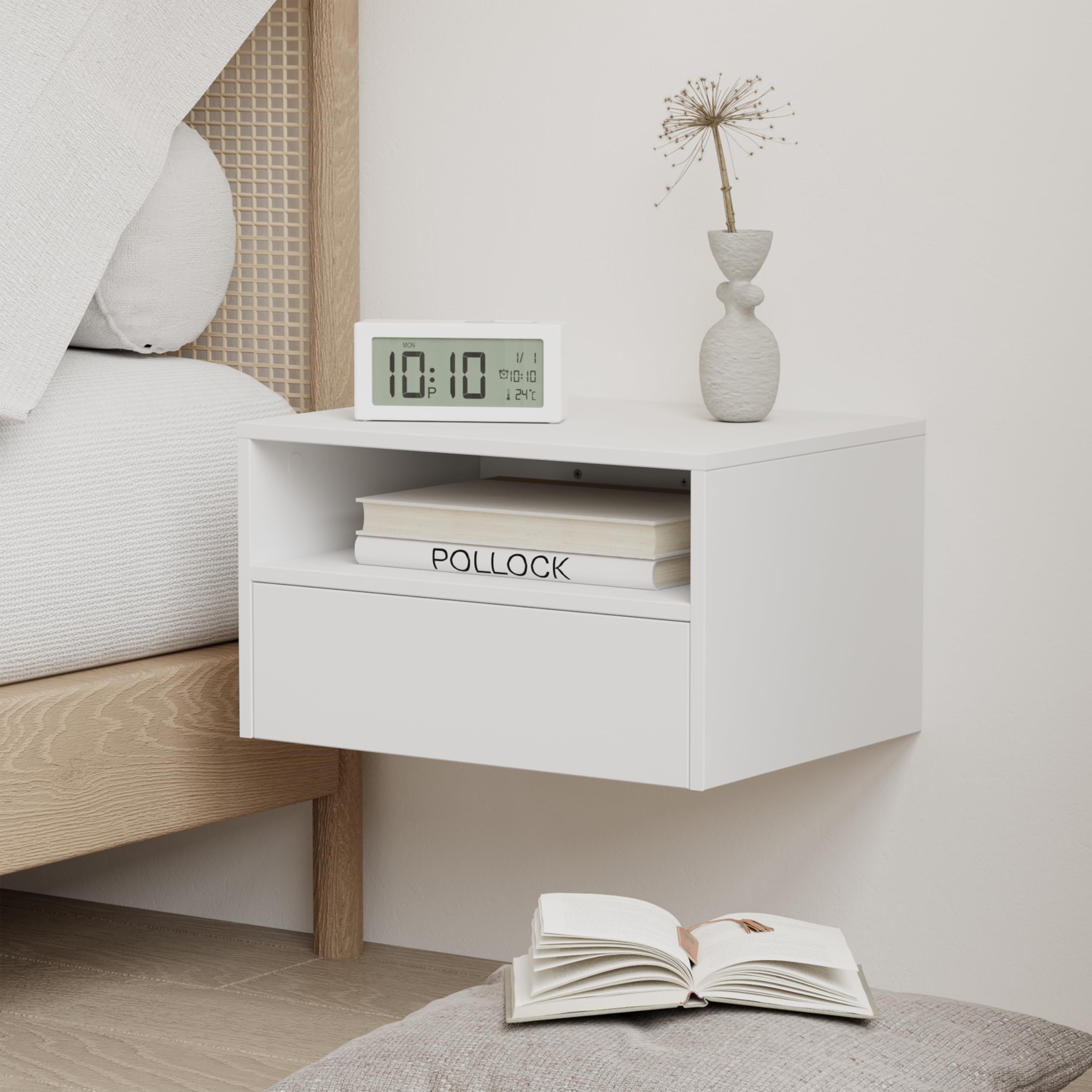 JERX Floating Bedside Table – Wall Mounted Nightstand with Drawer, White