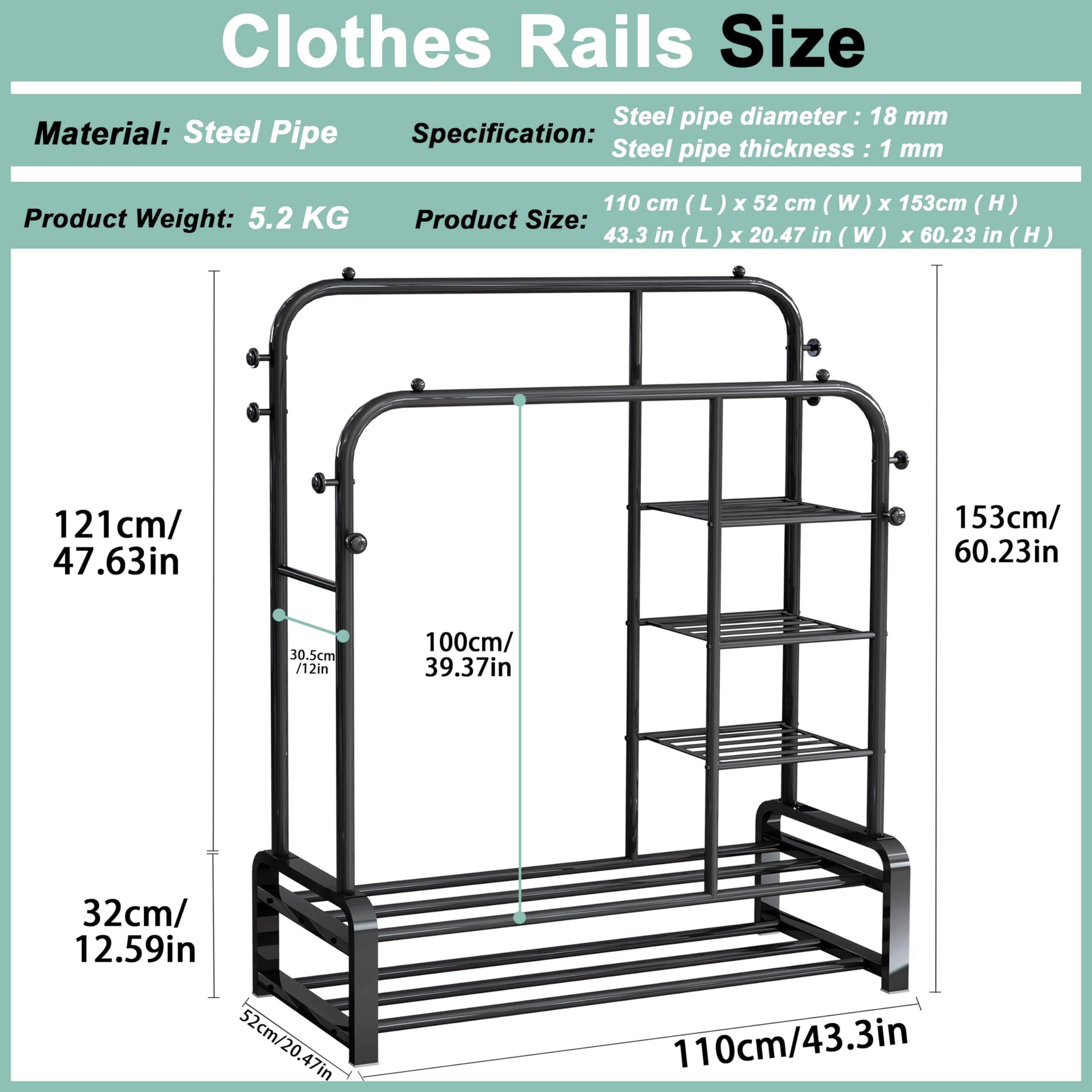 SMILOVII Heavy Duty Clothes Rail | Double Metal Clothing Rack with Shelves