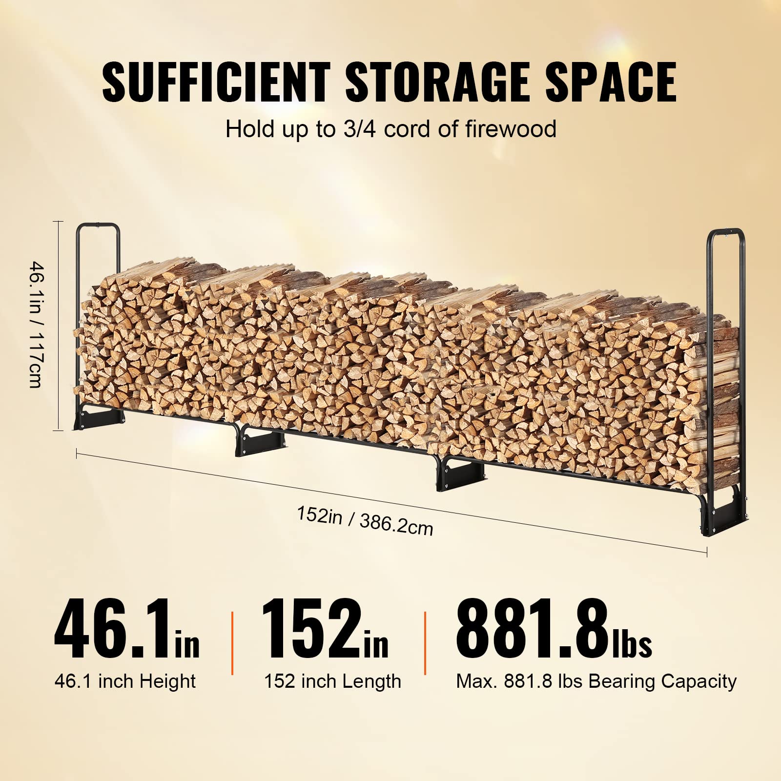 VEVOR 12.7FT Outdoor Firewood Rack with 600D Waterproof Cover, 3/4 Cord