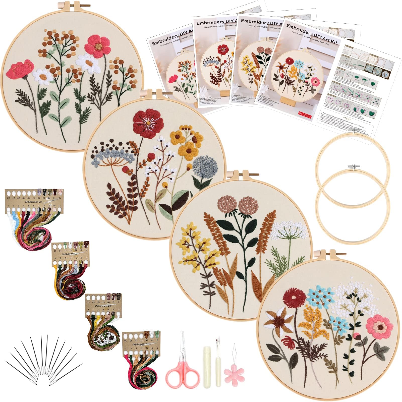 JOYVOVO 4pcs Embroidery Kit for Beginners | Stamped Flower DIY Craft Set