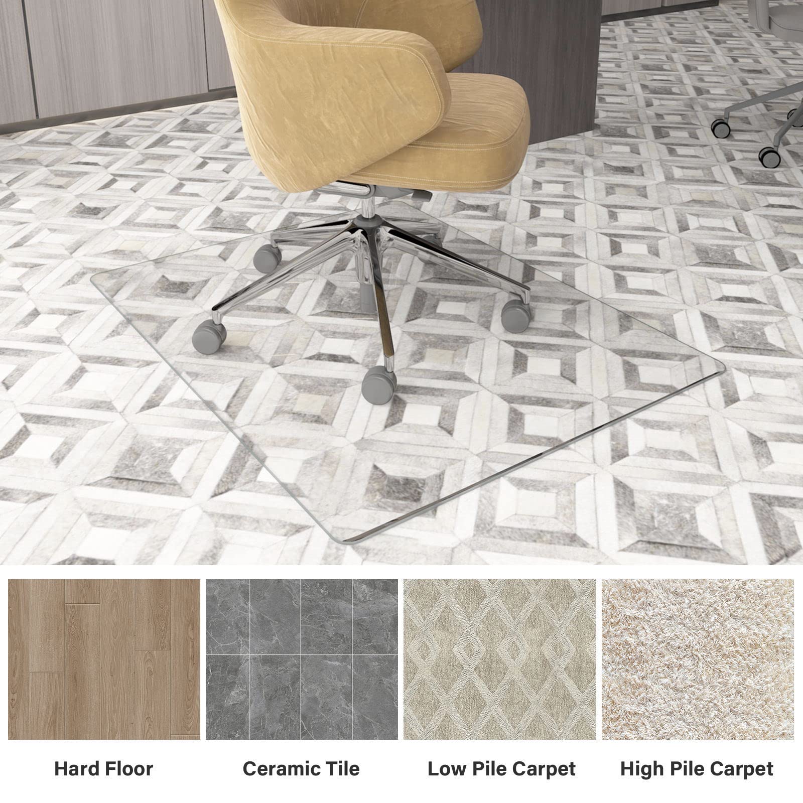 CASSILANDO Tempered Glass Office Chair Mat for Carpet & Hardwood, 90x115cm