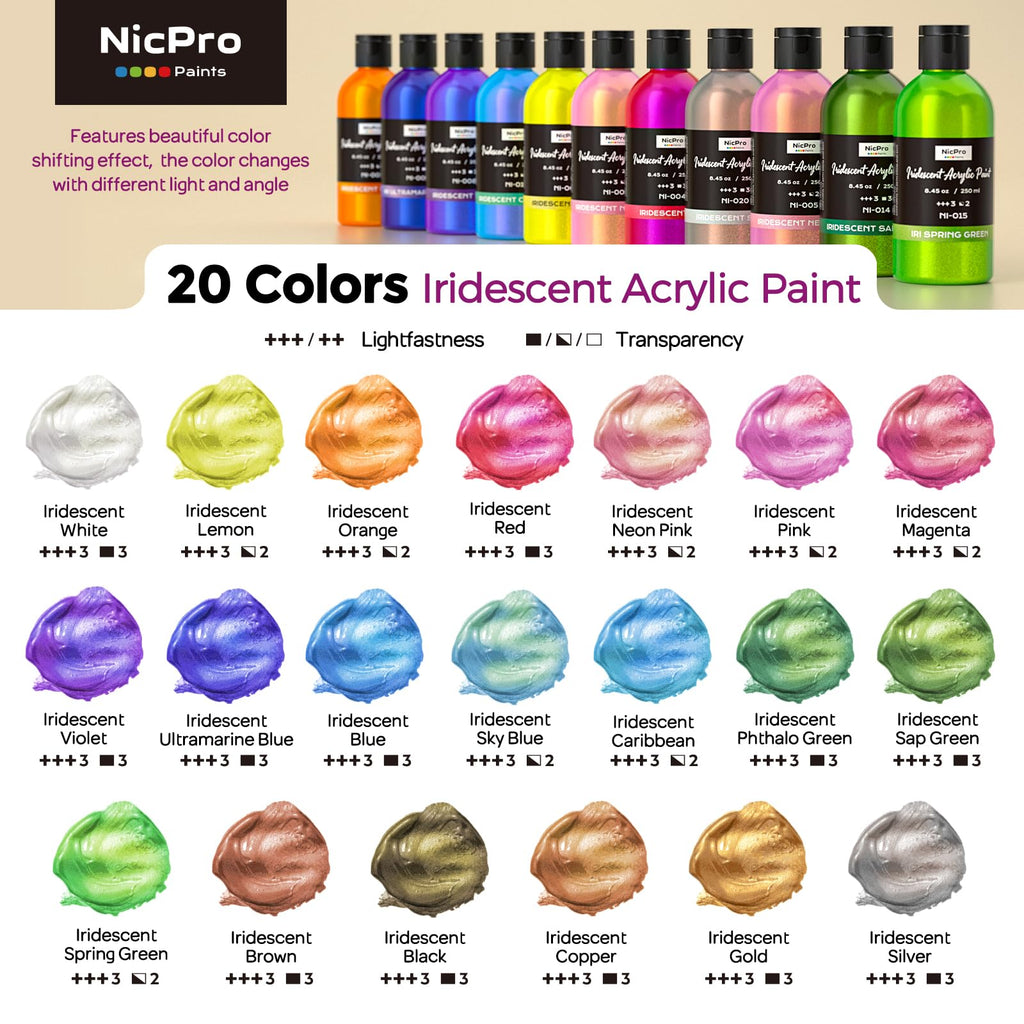 Nicpro 20 Color Iridescent Acrylic Paint Set | 250ml Bulk Color Shifting