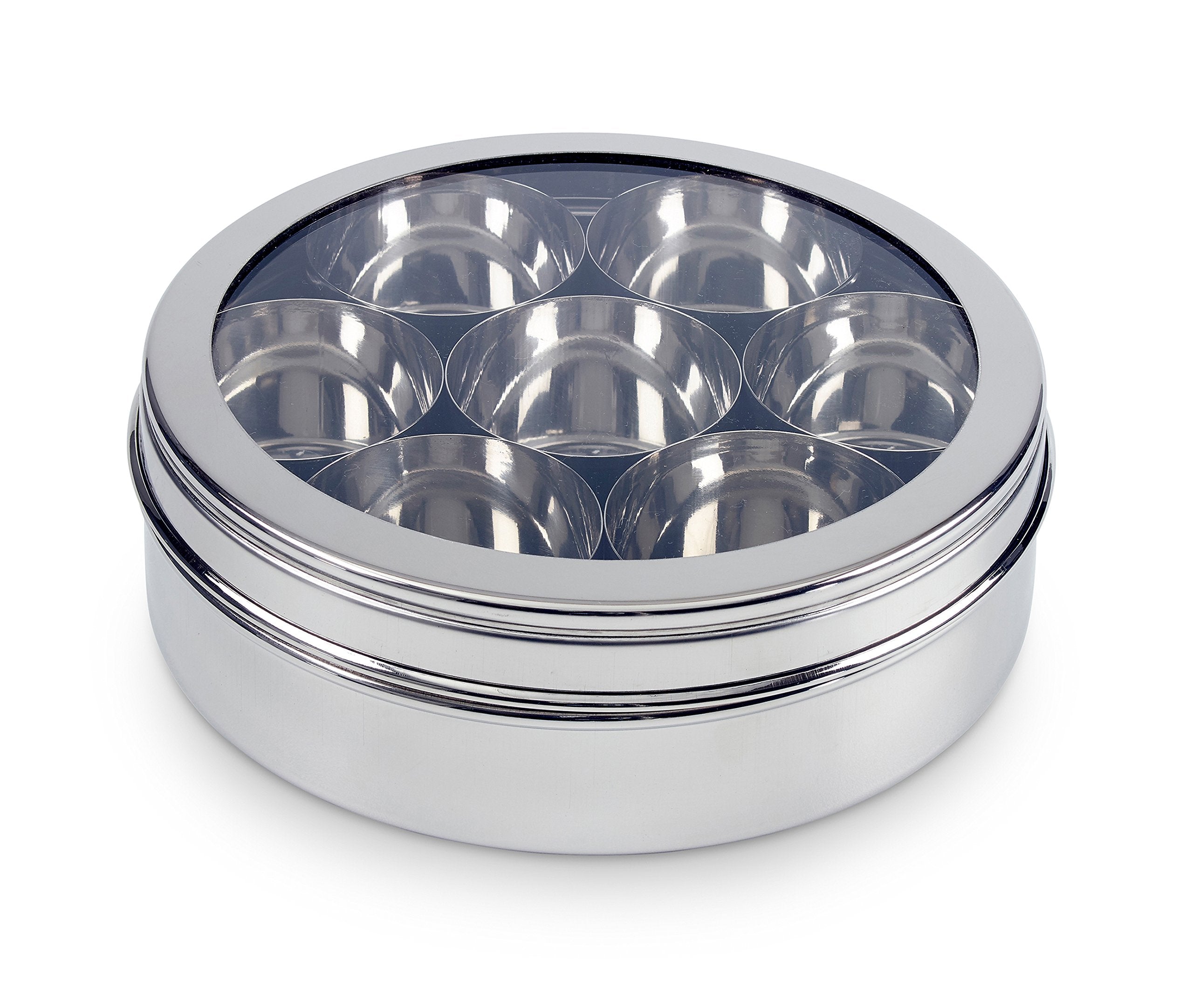 Zinel Stainless Steel Masala Dabba Spice Box with 7 Compartments, 22cm