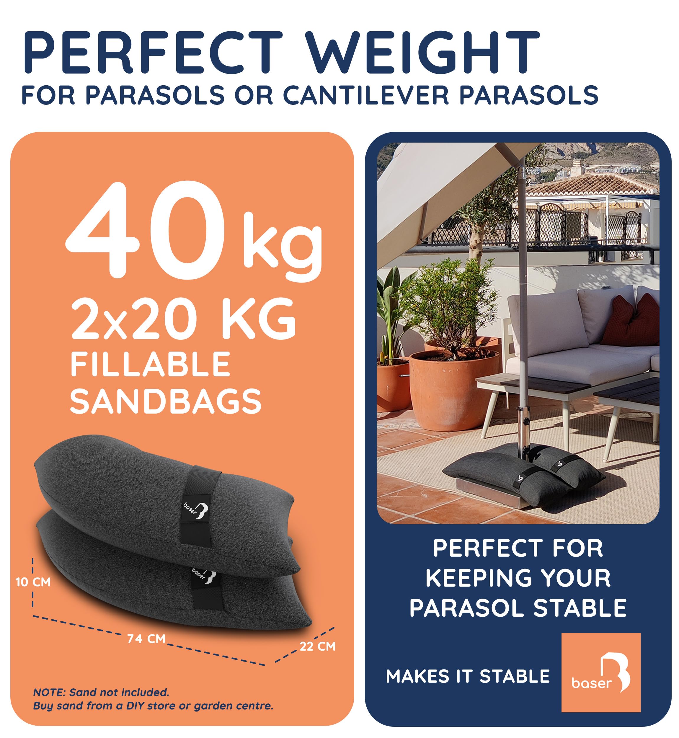 Baser – 2 x 20kg Fillable Curved Sandbags for Parasols & Cantilevers