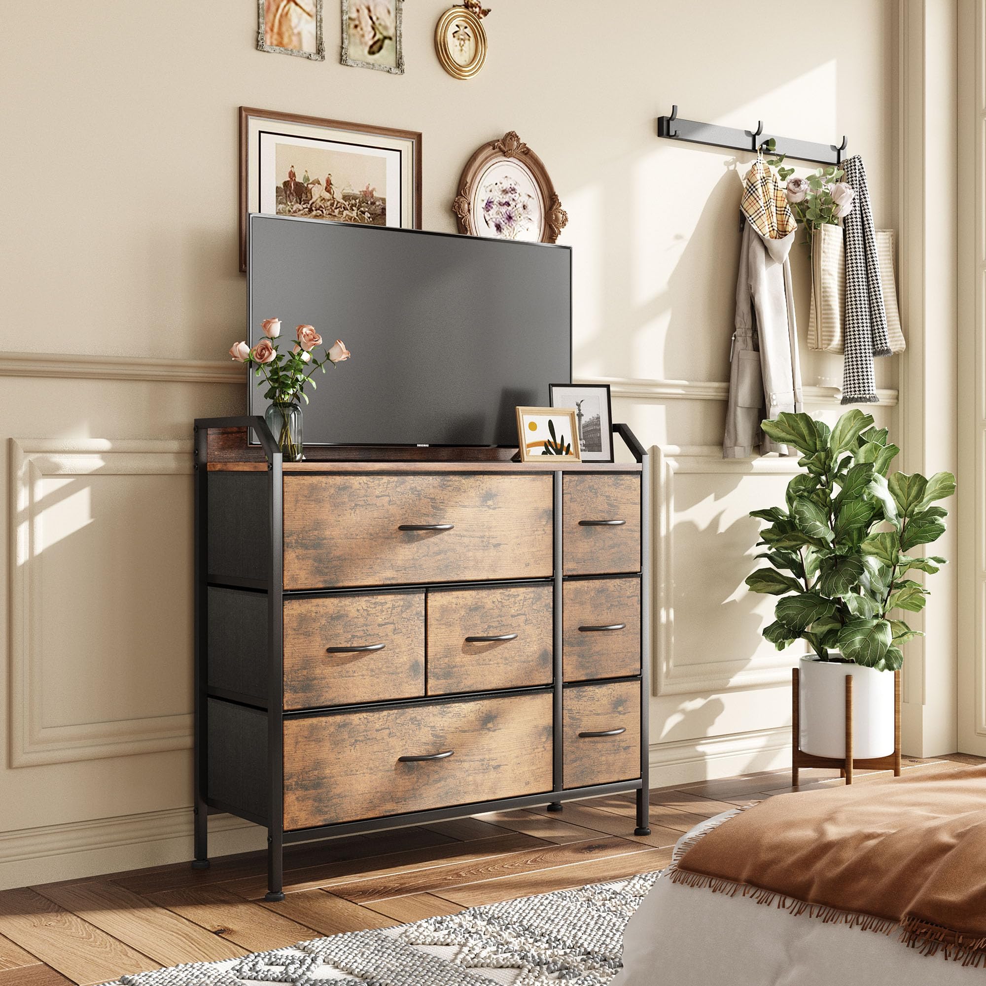 Jolof Store 7-Drawer Fabric Chest of Drawers – Rustic Brown & Metal