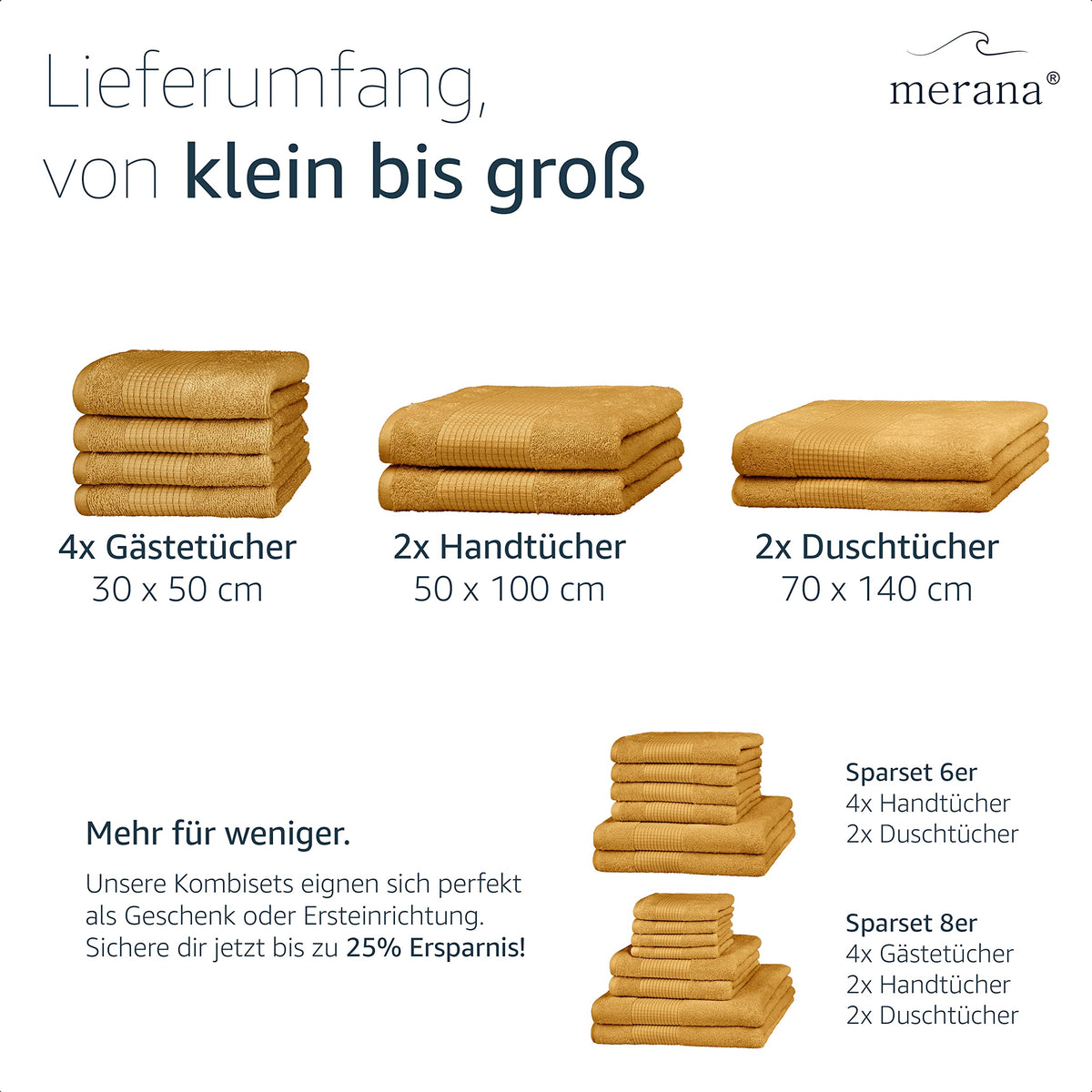 Merana Hand Towel Set, Absorbent, Soft and Lint Terry Towel Quality Made of Heavy Organic Cotton 590 GSM Mango Gold, 2 x Bath Towels 70 x 140 cm - image 5