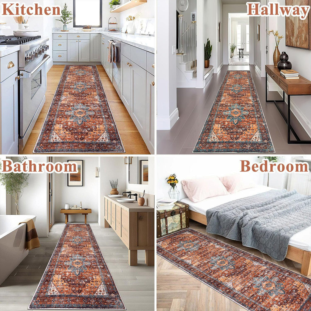 SHACOS Boho Hallway Runner Rug – 60x245cm Non-Slip Washable Vintage Red