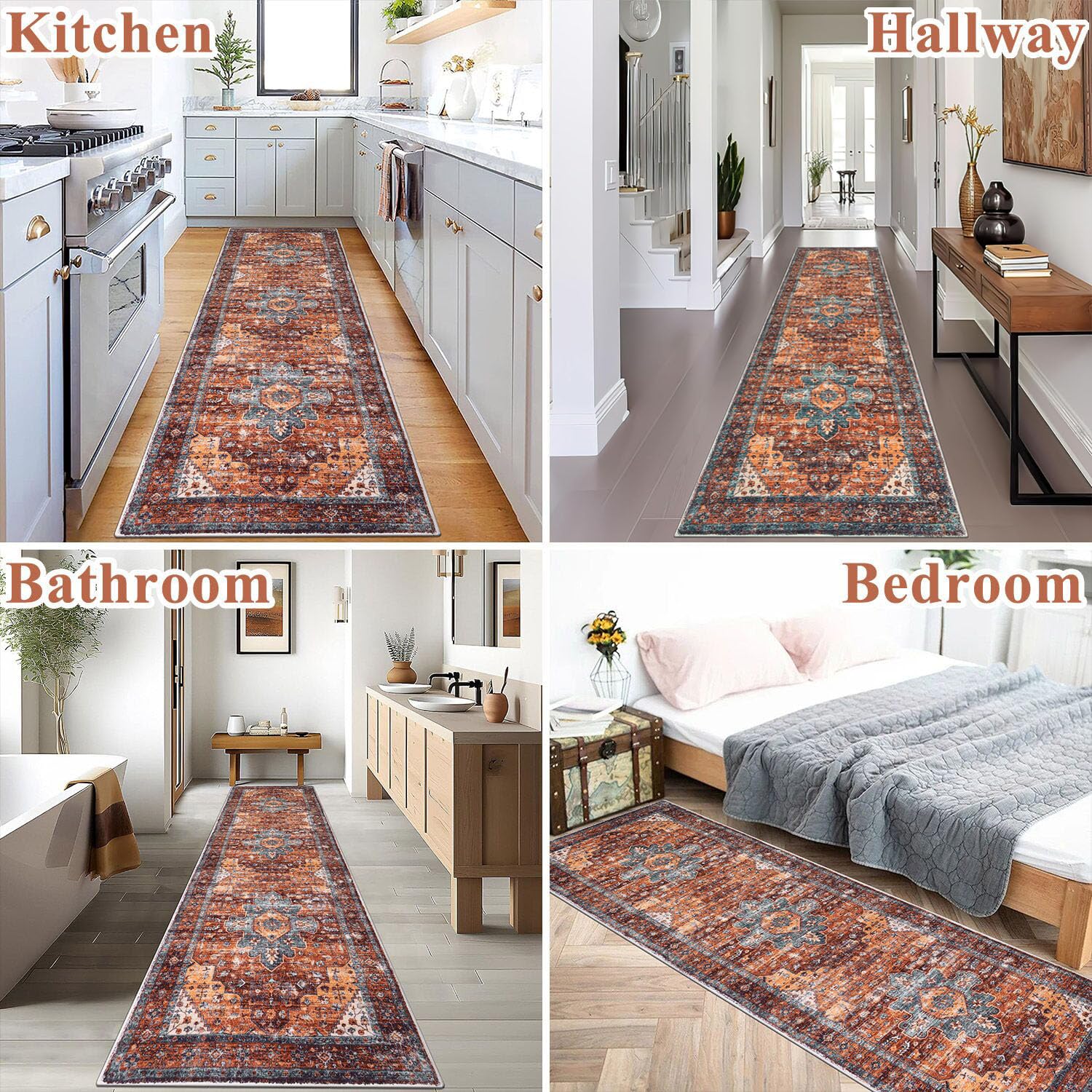 SHACOS Boho Hallway Runner Rug – 60x245cm Non-Slip Washable Vintage Red