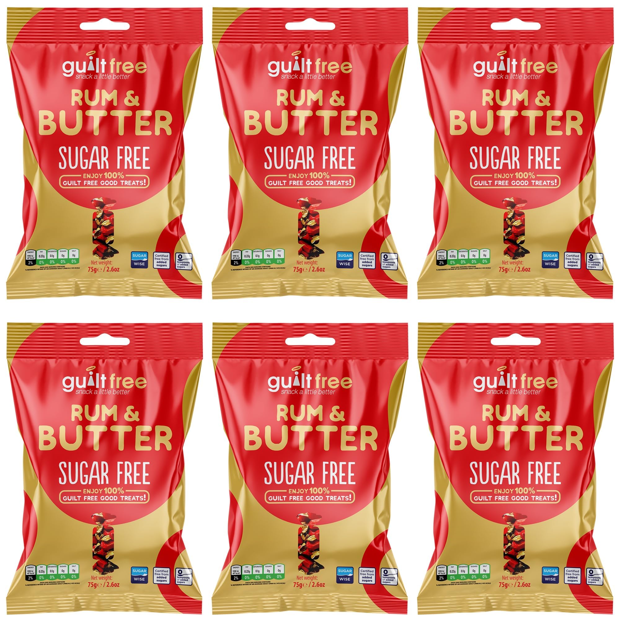 Sugar Free Rum & Butter Toffees – 6 x 75g Resealable Packs