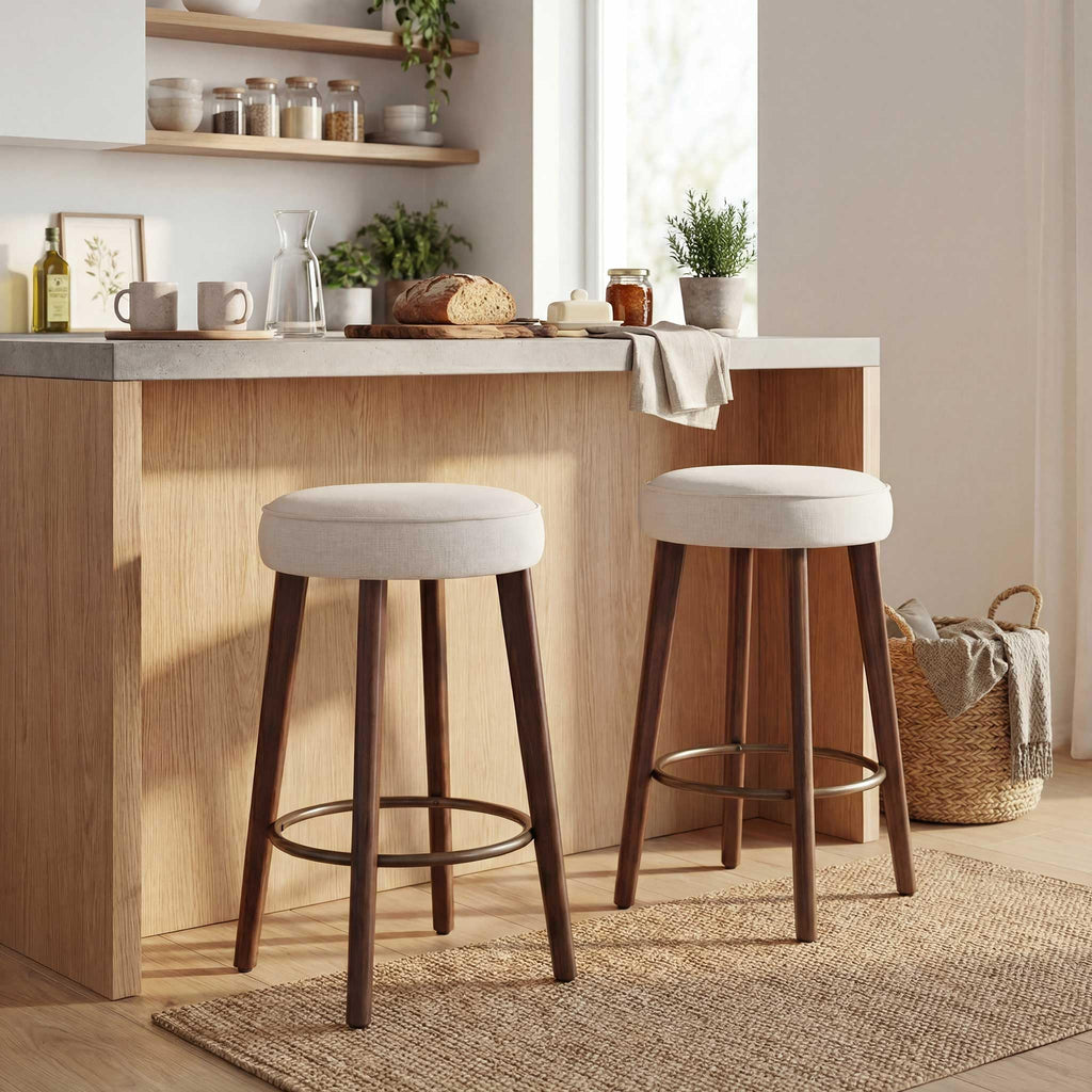 younturn Set of 2 Linen Bar Stools, 68cm Counter Height Upholstered Kitchen Bar Chairs with Solid Wood Legs