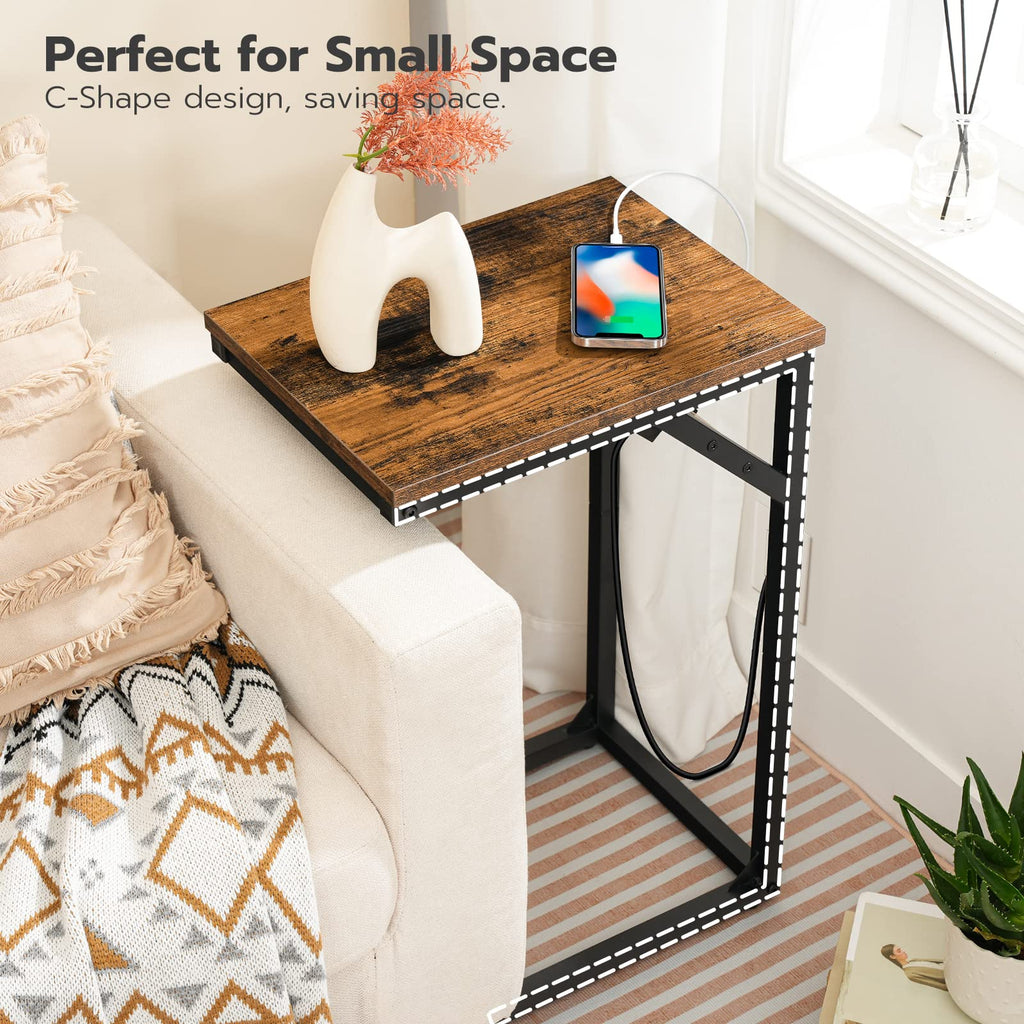 HOOBRO C Shaped Side Table with Charging Station - Rustic Brown & Black