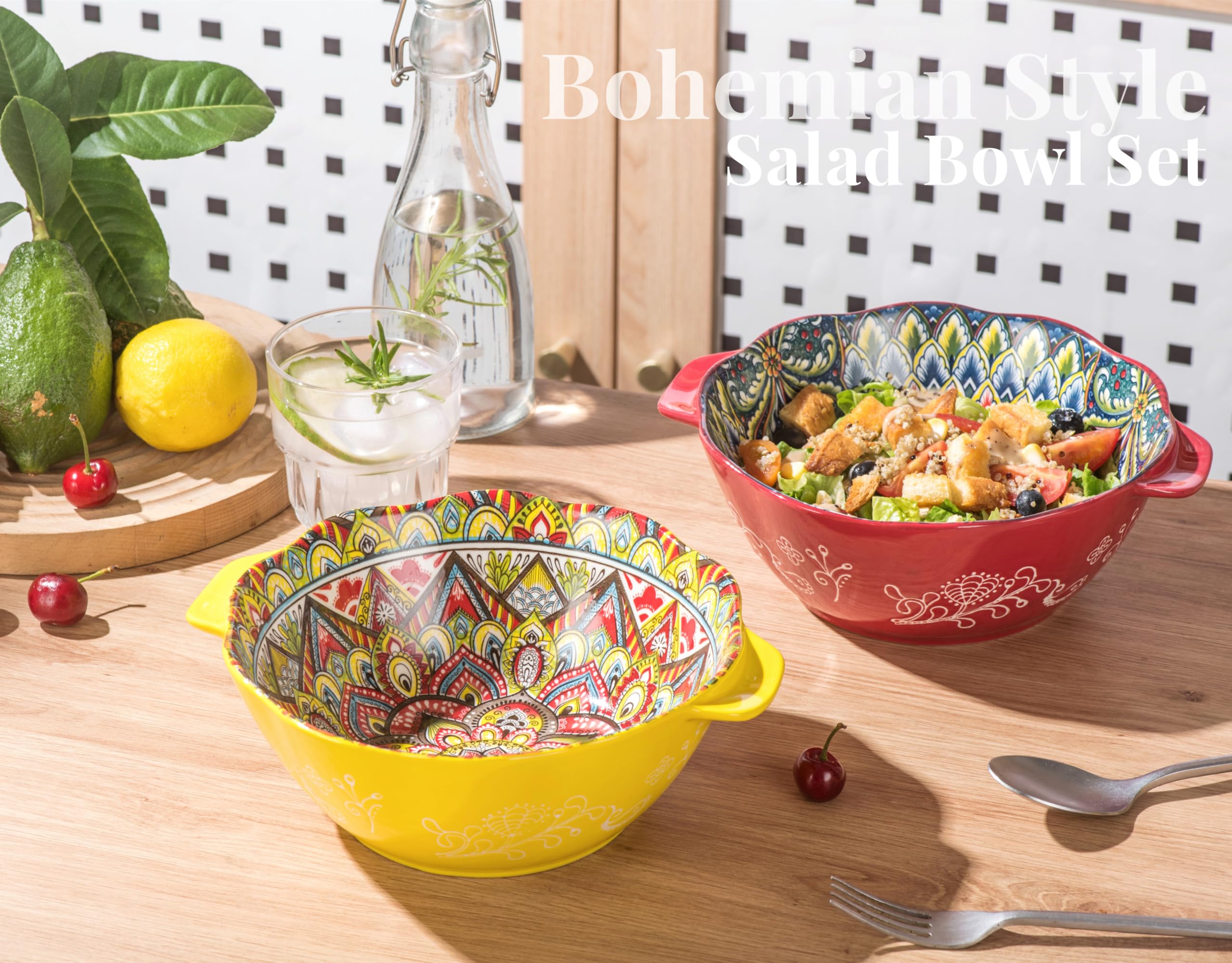 Henten Home Bohemian Ceramic Salad Bowls with Handle, 49 Oz - Set of 2